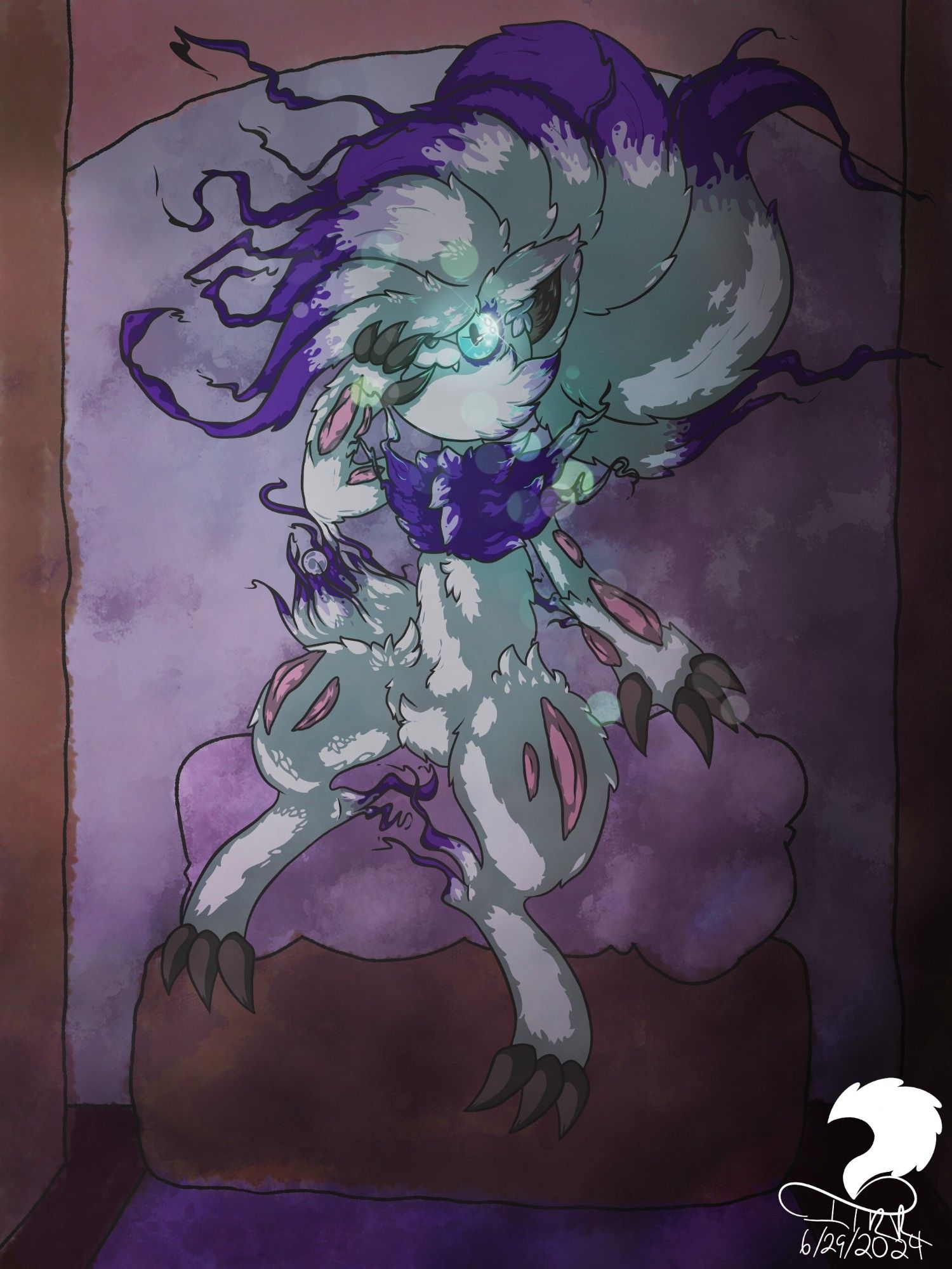 Alt: Drawing shows a Hisuian Zoroark, with off-white fur and deep purple highlight sitting on a light purple cushion in a foggy or misty room. Her eye is illuminating the fog in a light blue light as her eye glow in the dark. A light from the left lights up about half the drawing with an ominous glow. The background is a more watercolor-looking piece, but the Zoroark is a fine-lined cartoon-shaded Pokémon.