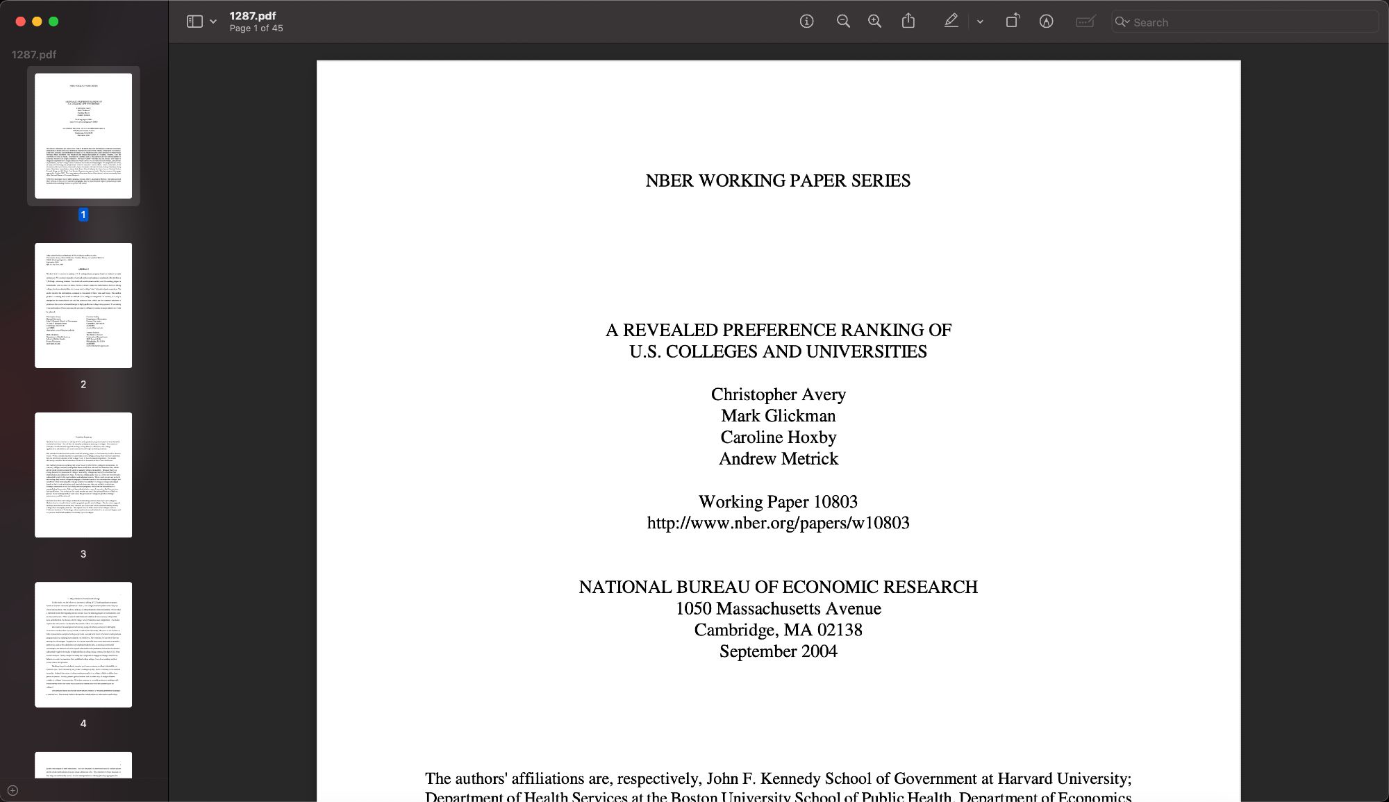 (PDF) A Revealed Preference Ranking of U.S. Colleges and Universities
Christopher Avery, Mark Glickman, Caroline Hoxby, Andrew Metrick
National Bureau of Economic Research
September 2004