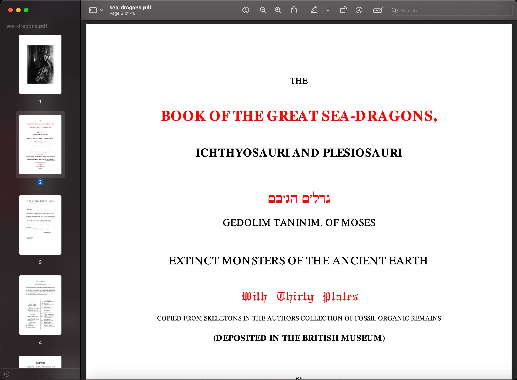 (PDF) The Book of the Great Sea-Dragons
Ichthyosauri and Plesiosauri
Gedolim Taninim, of Moses
Extinct Monsters of the Ancient Earth
[by Thomas Hawkins, Esq. F.G.S. etc.
MDCCCXL]