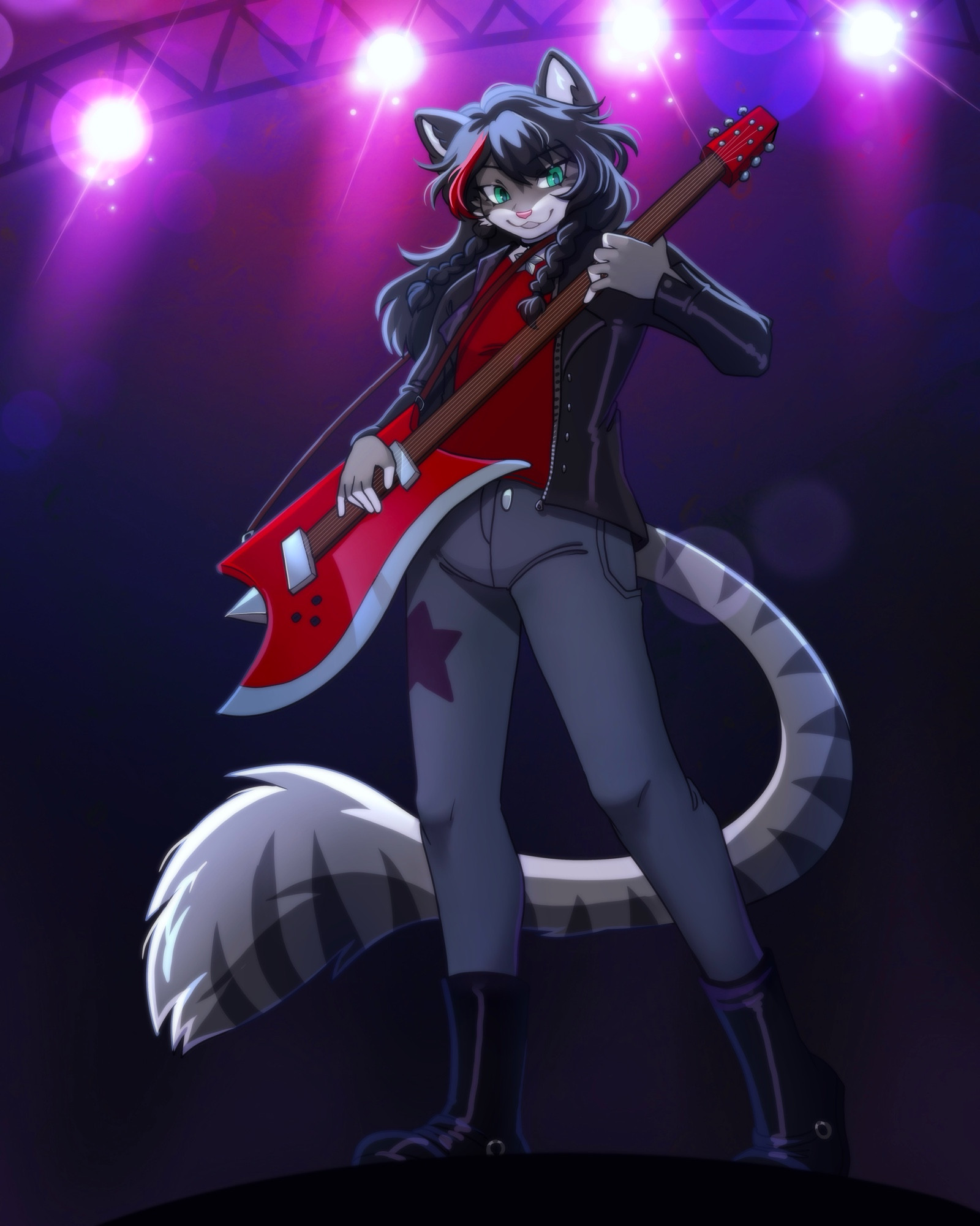 Alt Text: This image features an anthropomorphic cat rockstar on a stage, as viewed by someone at the front of the crowd. The rockstar cat wears an open black leather jacket and black leather boots, some jeans with a purple star patch sewn on, and a scarlet red shirt. Her fur is two-toned, being gray accented with darker gray stripes and white. Her hair is dark grey, long and flowing, accented with a red stripe in her bangs above her right eye. Two long braids come down, framing her face. Her eyes are a bright blue-green, and she is looking down at her guitar.

Her guitar is an axe-guitar mixed with an axe, a pun on “axe-guitar”. The instrument is a shiny vibrant red material, and is split half and half between axe guitar, and axe. The guitar half is straight edged, while the axe half is a curving S shaped silver blade. At the bottom of the guitar is a silver spike.