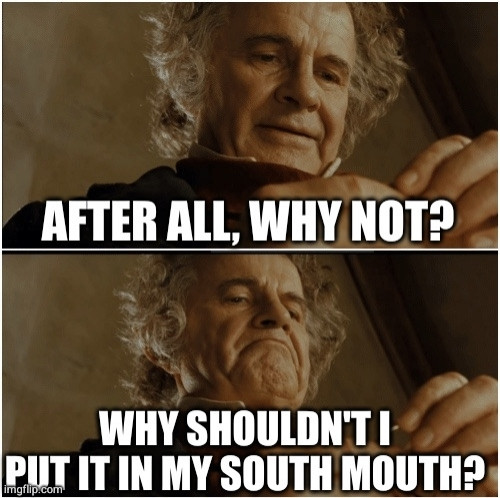 Bilbo Baggins with the one ring meme. Top panel shows Bilbo looking at the ring questioningly with text "after all, why not?"

Bottom panel shows Bilbo with a decisive frown with text "Why shouldn't I put it in my south mouth?"