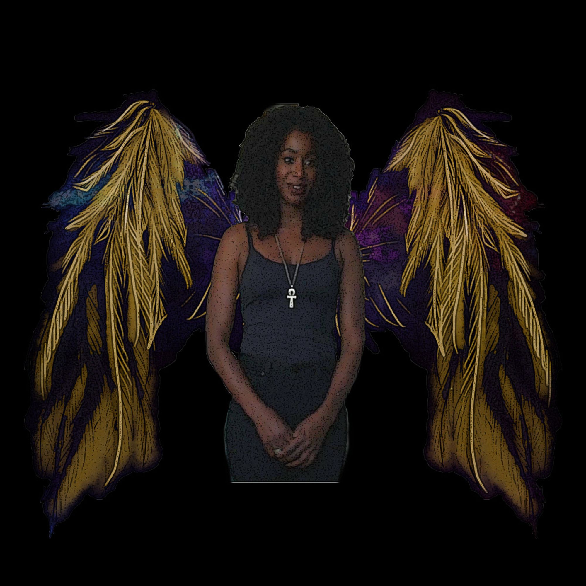 Death of the Endless /played by Kirby Howell-Baptiste/ shows her wings. Some feathers and calamus are golden, made of sand of Time. Most of her wings are made of plasma -purple, blue, pink, red and a bit of black-, containing a bit of the vastness of space, domain of Night.