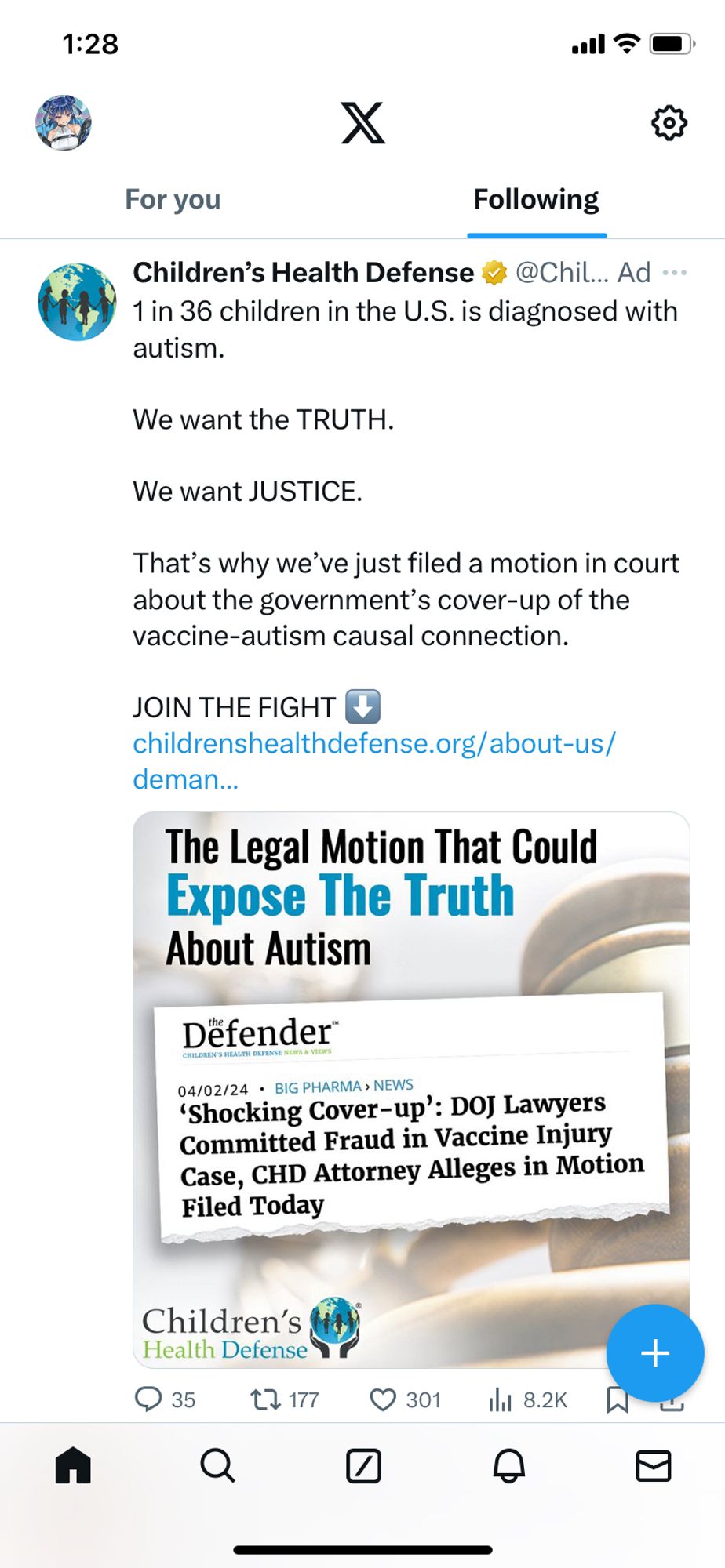 Picture of a Twitter ad for an organization pushing conspiracies about vaccines causing autism. The account has a yellow checkmark, meaning it is verified as a real business/organization by Twitter