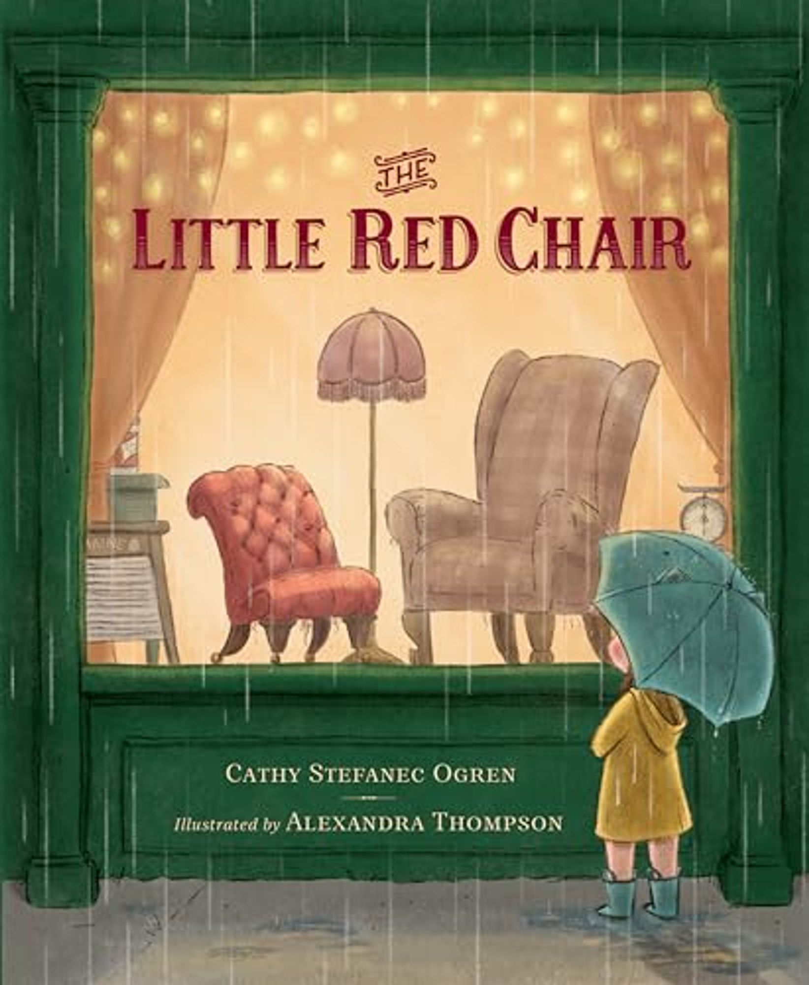 The book titled The Little Red Chair with a gril looking in the window at the chair.