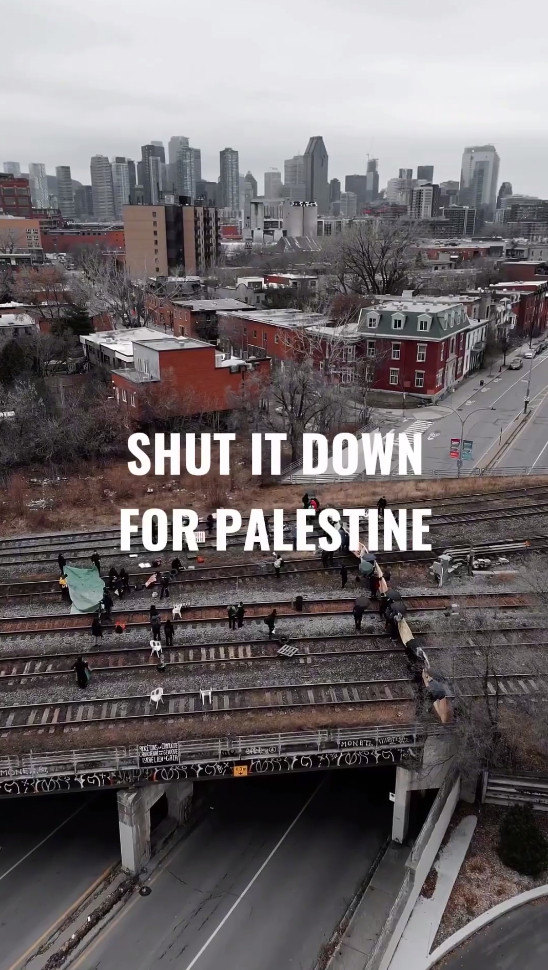 Activists block major railway while holding banners. The image is edited with the overlaid text "SHUT IT DOWN FOR PALESTINE"