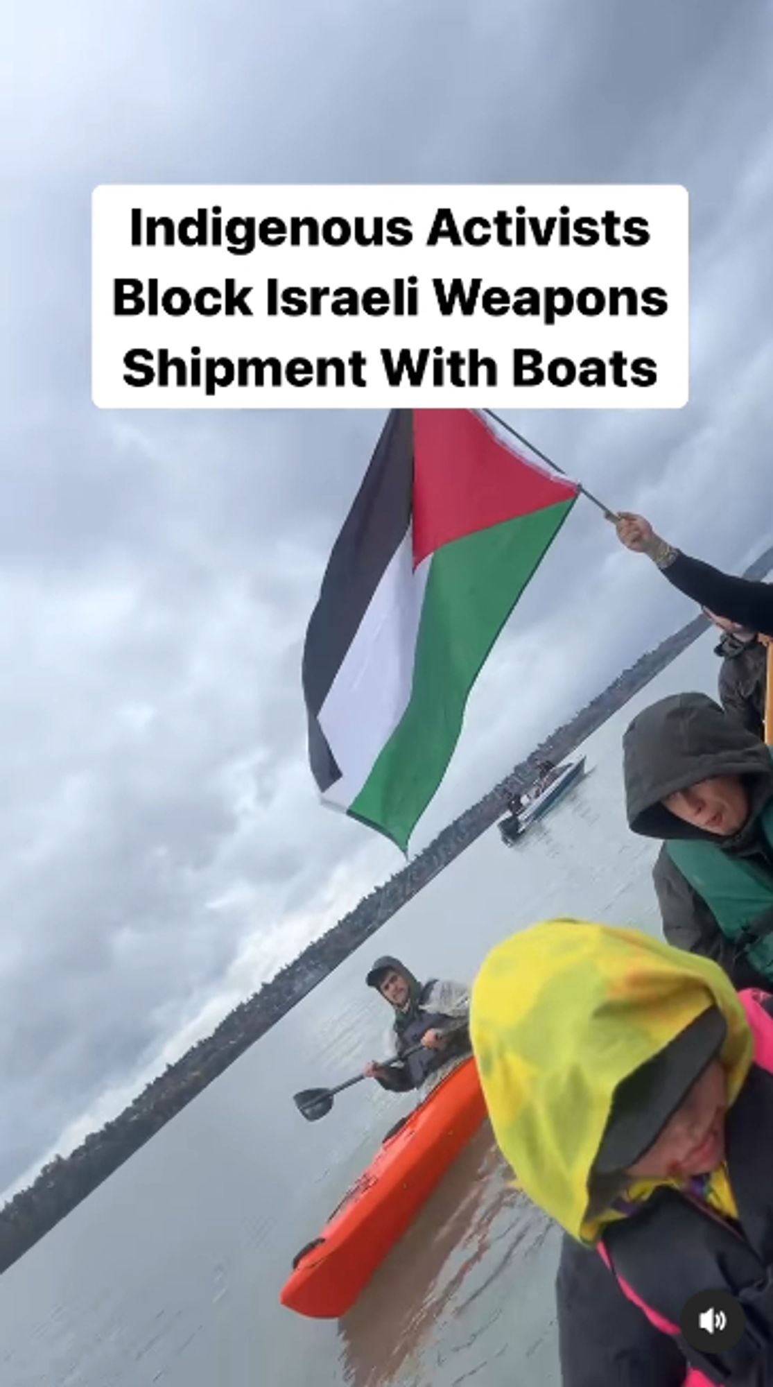 Indigenous Activists Block Israeli Weapons Shipment With Boats

People are in canoes and kayaks in the port, one person is holding a Palestinian flag