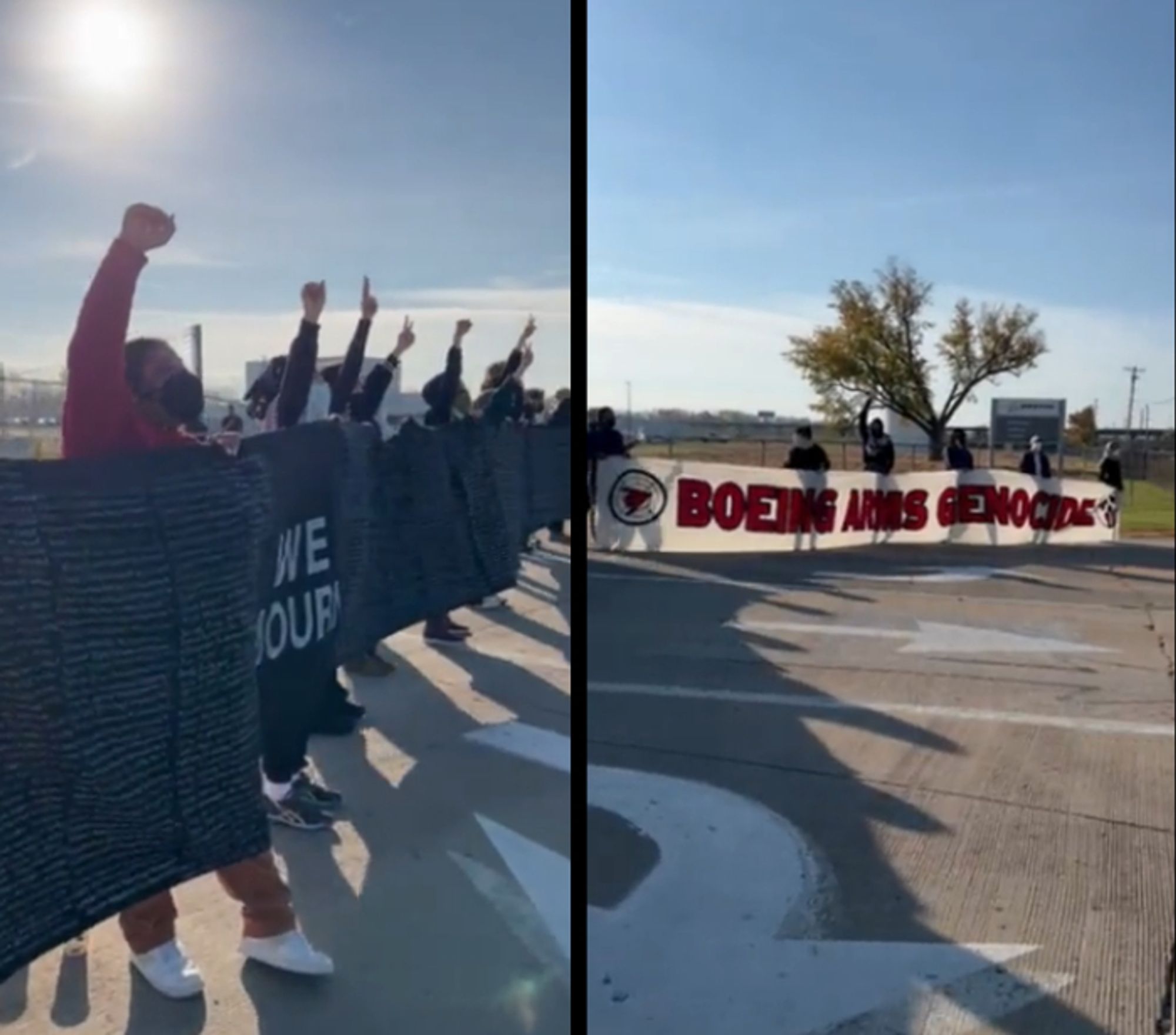 2 images: Protesters holding a banner with all the names of Palestinians killed; protesters holding a banner that says "BOEING ARMS GENOCIDE"