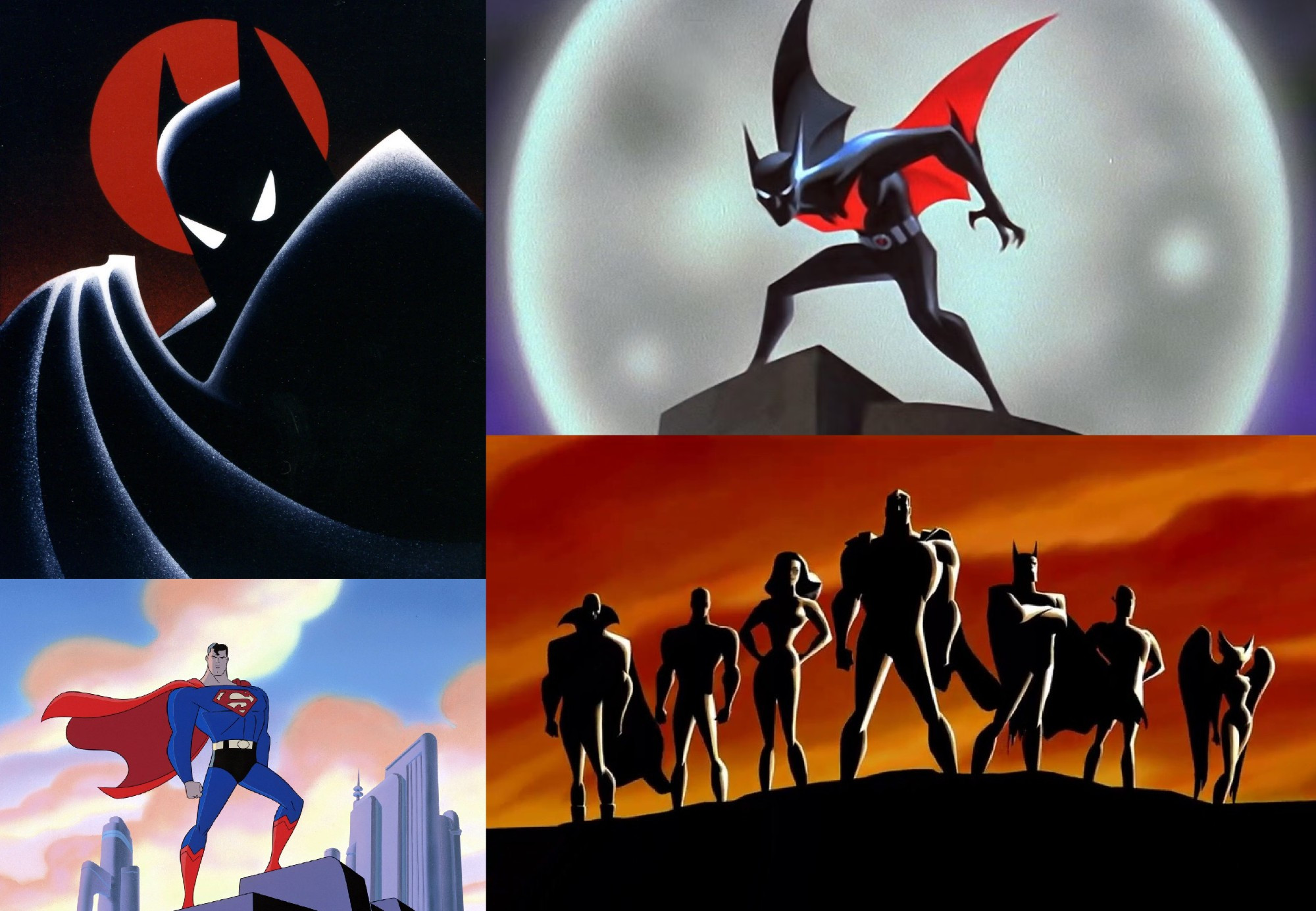 DCAU TV shows
Batman: The Animated Series [top left]
Batman Beyond [top right]
Superman: The Animated Series [bottom left]
Justice League [bottom right]