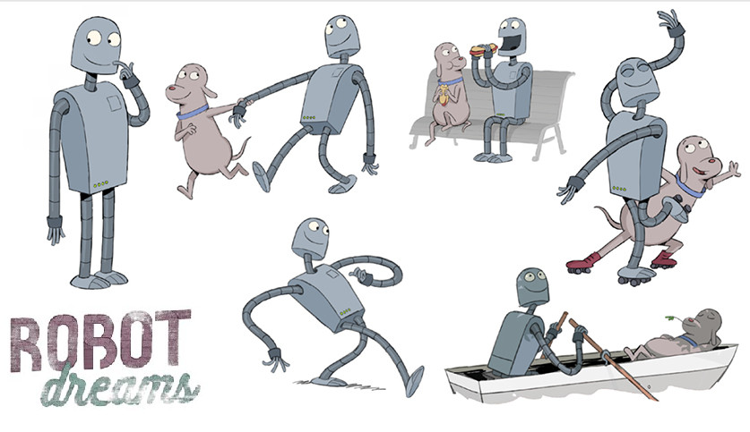 Robot Dreams animated film main characters Robot and Dog Varon in various poses and situations