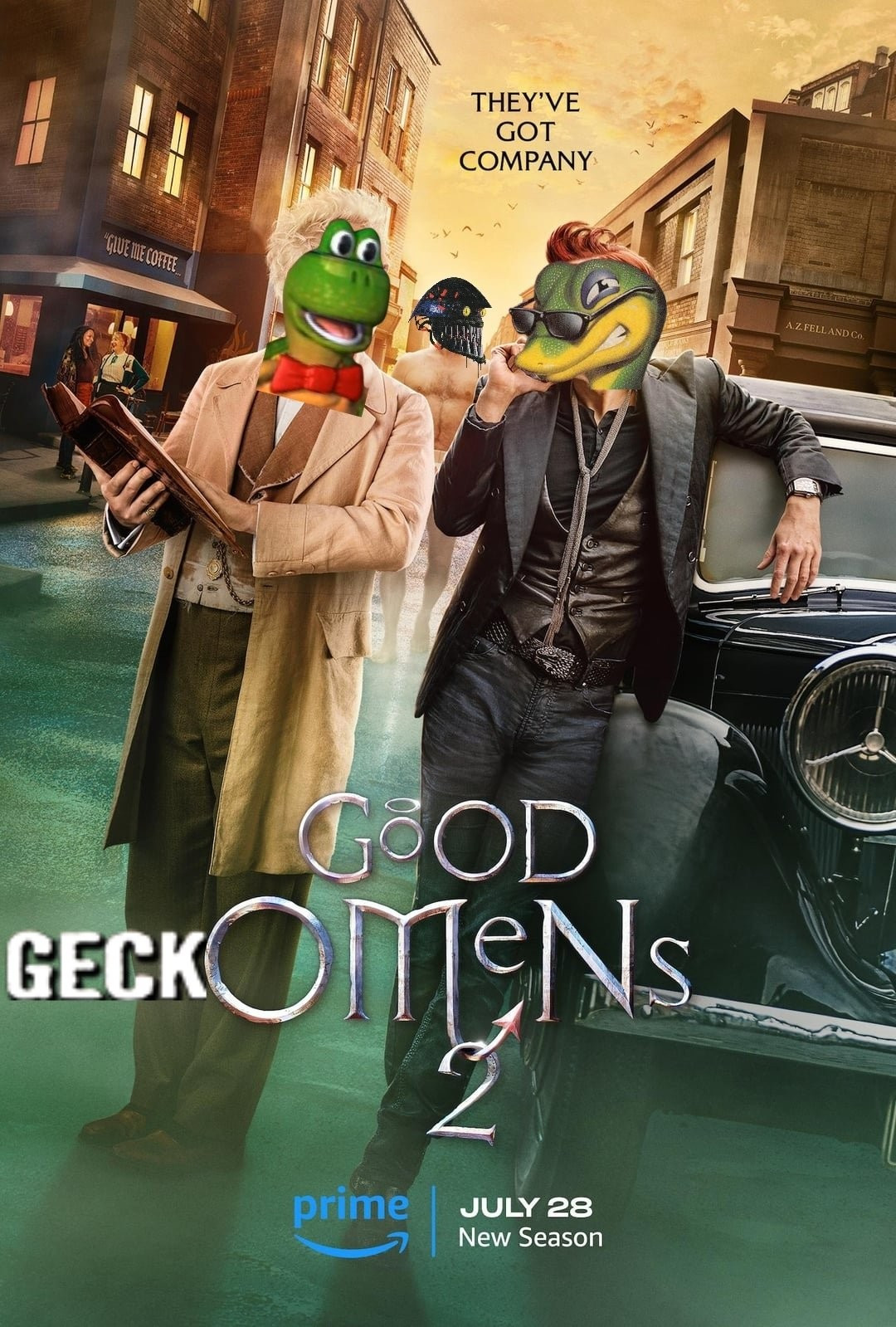 Good Omens 2 poster with Alfred [from Gex: Deep Cover Gecko] edited over Aziraphael's head, Gex edited over Crowley's head, with Rez over Gabriel's head behind them.