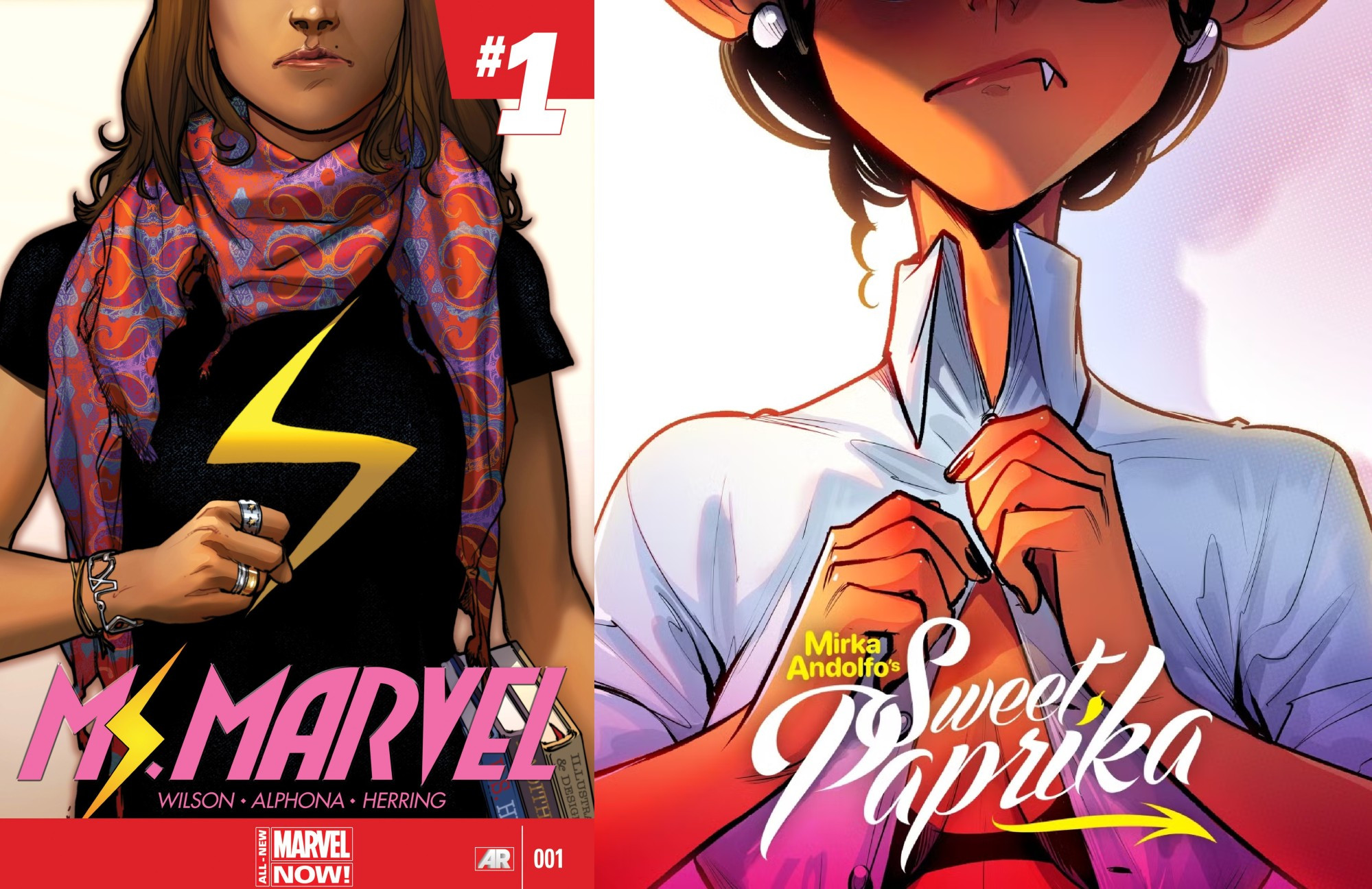 Comic covers of Ms. Marvel [2014] and Mirka Andolfo's Sweet Paprika [2021]