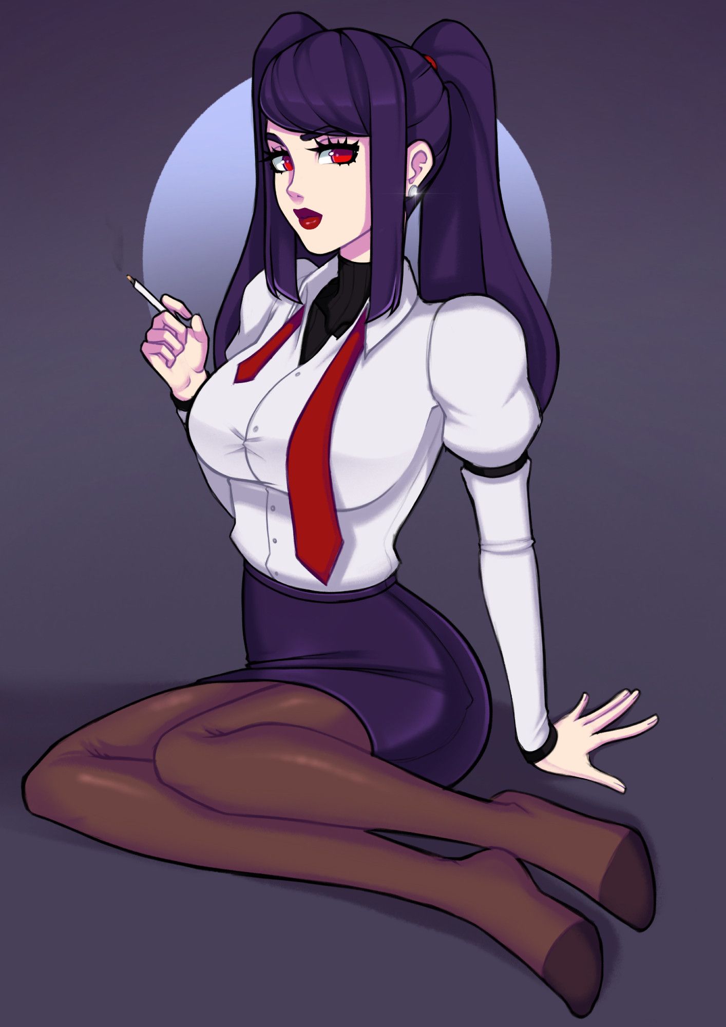 The character Jill Stingray from the game VA-11 Hall-A sitting on the floor in her work uniform, her tie undone and waistcoat removed, and a cigarette in her hand.