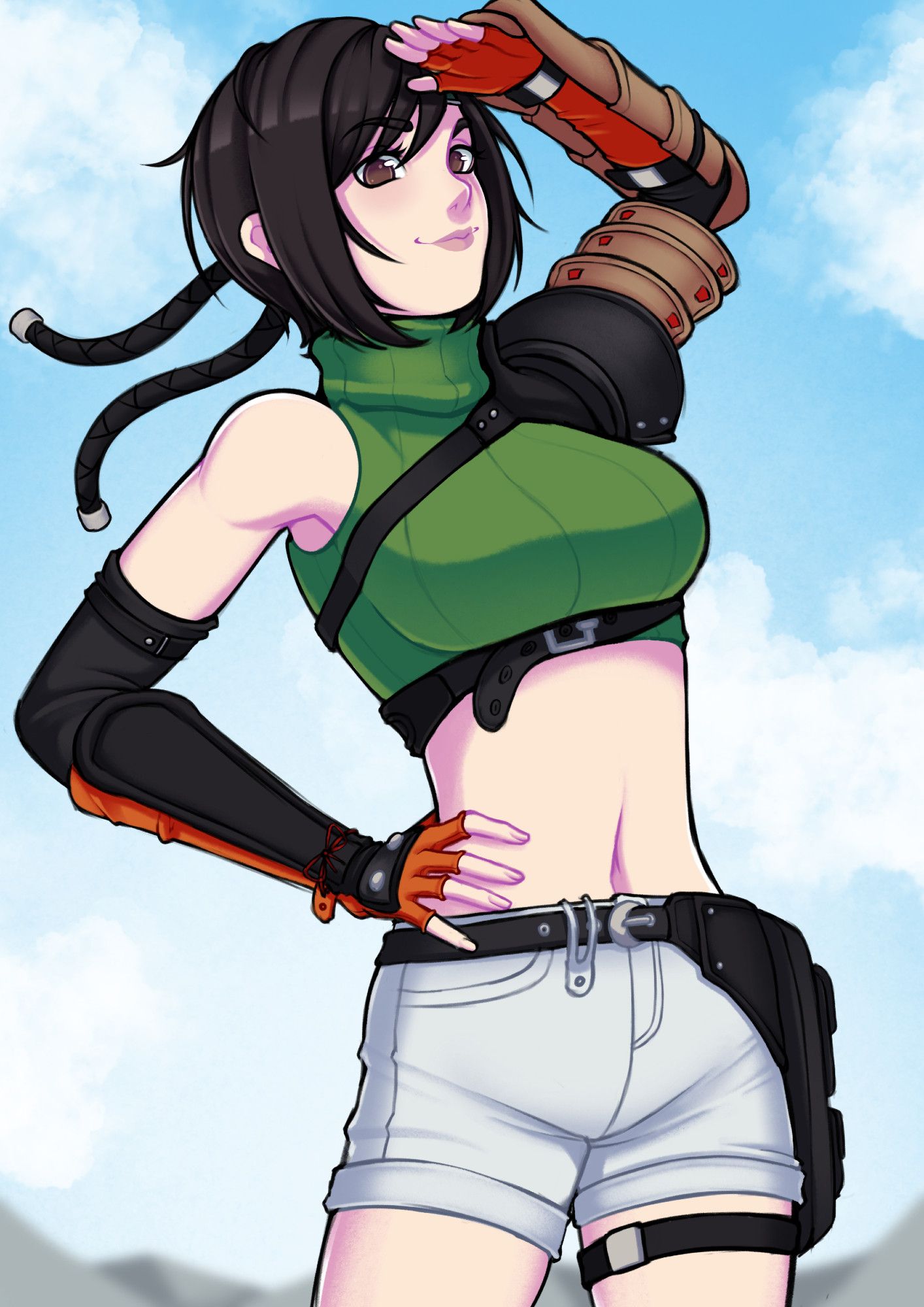 a drawing of yuffie kisaragi from final fantasy 7 from a low-down angle - she is smiling at the viewer while blocking the sun with her hands