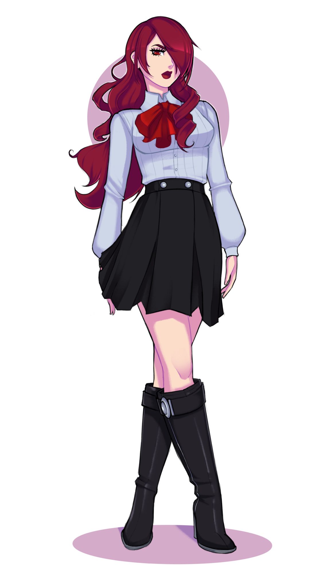 a full body drawing of mitsuru kirijo from persona 3 looking down scornfully at the viewer.