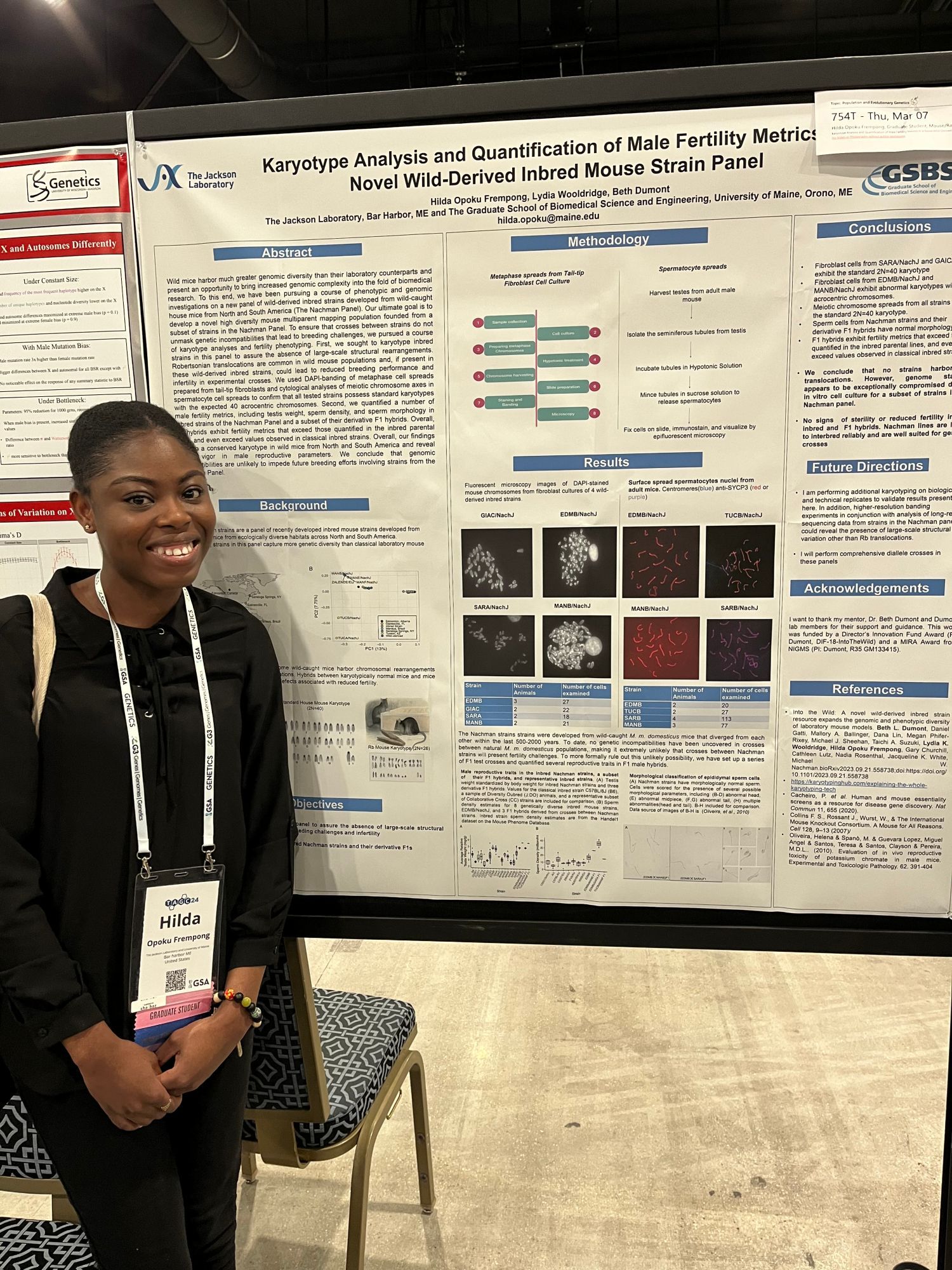 Hilda Frempong stands smiling next to a research poster at the TAGC conference.