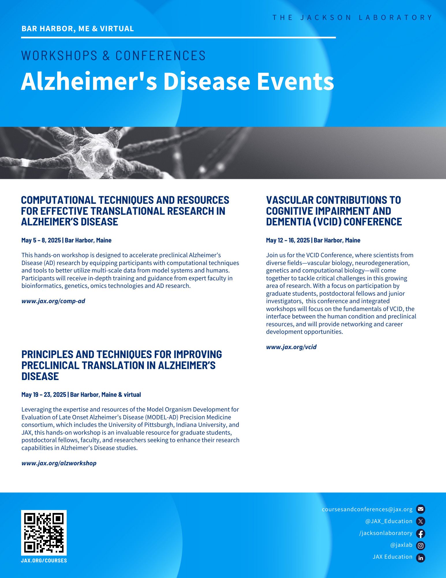 2025 JAX Genomic Education Alzheimer's Disease events flyer. Visit www.jax.org/courses for more details.