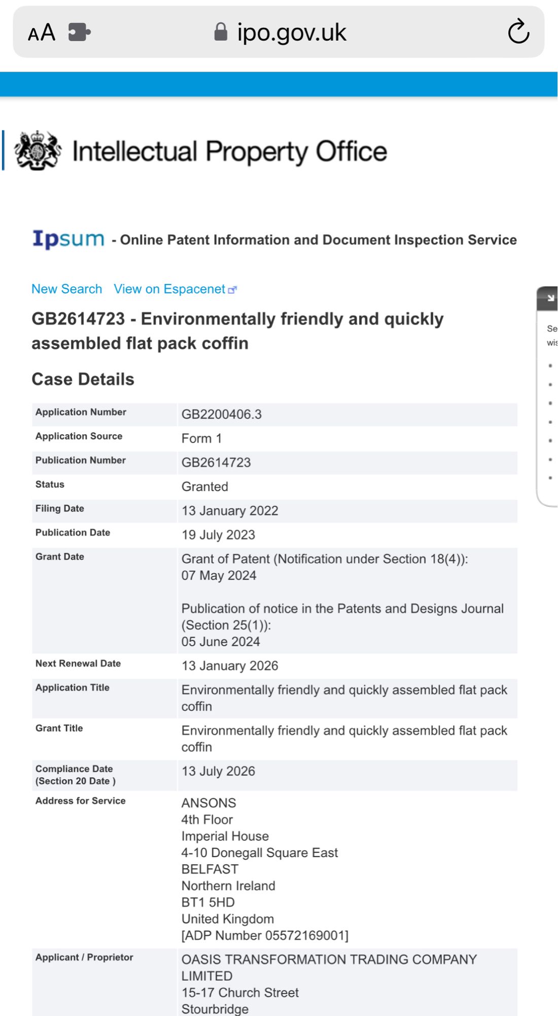 U.K. patent for a flat pack coffin.