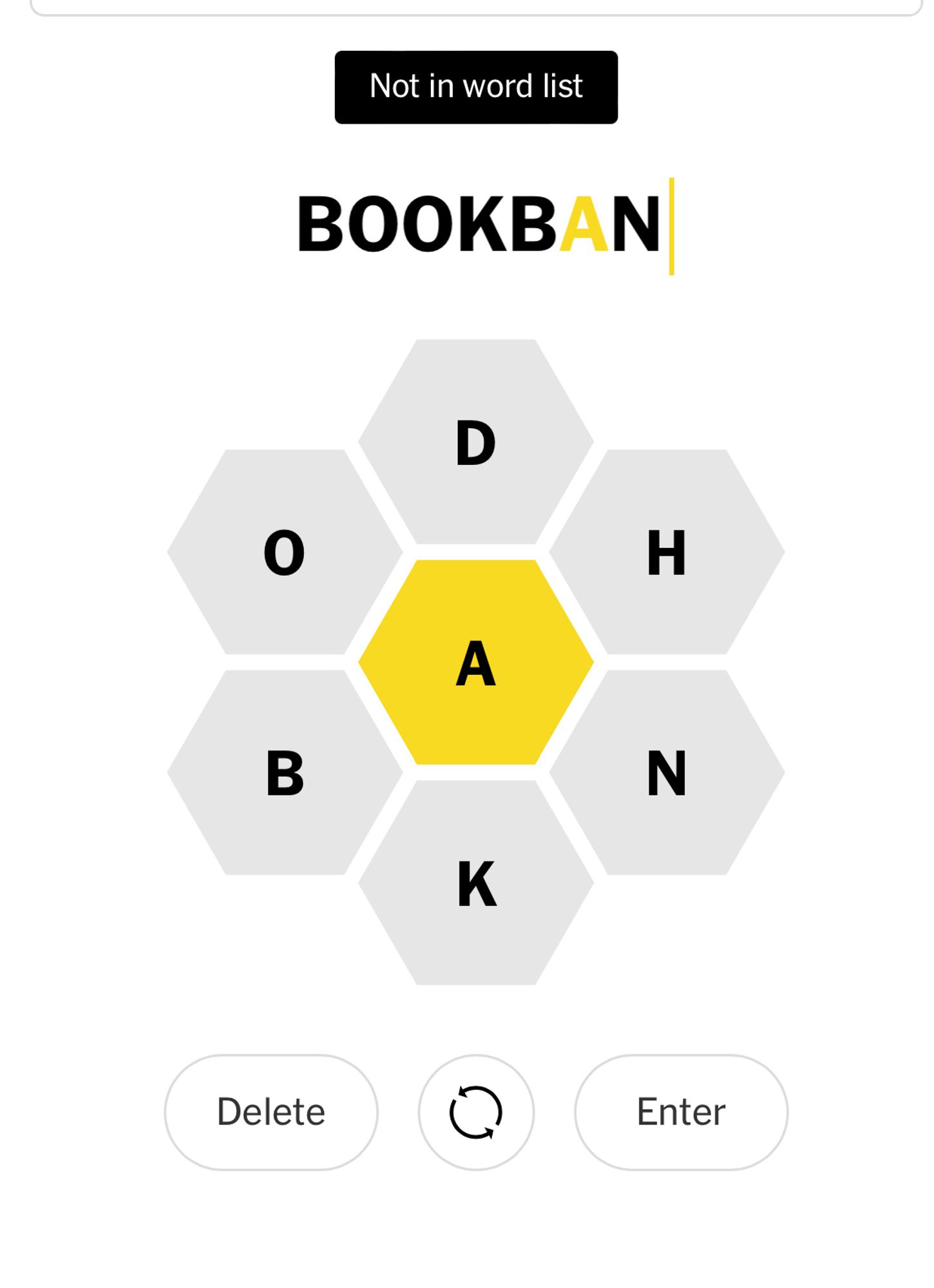 New York Times Spelling Bee says "bookban" is not a word.