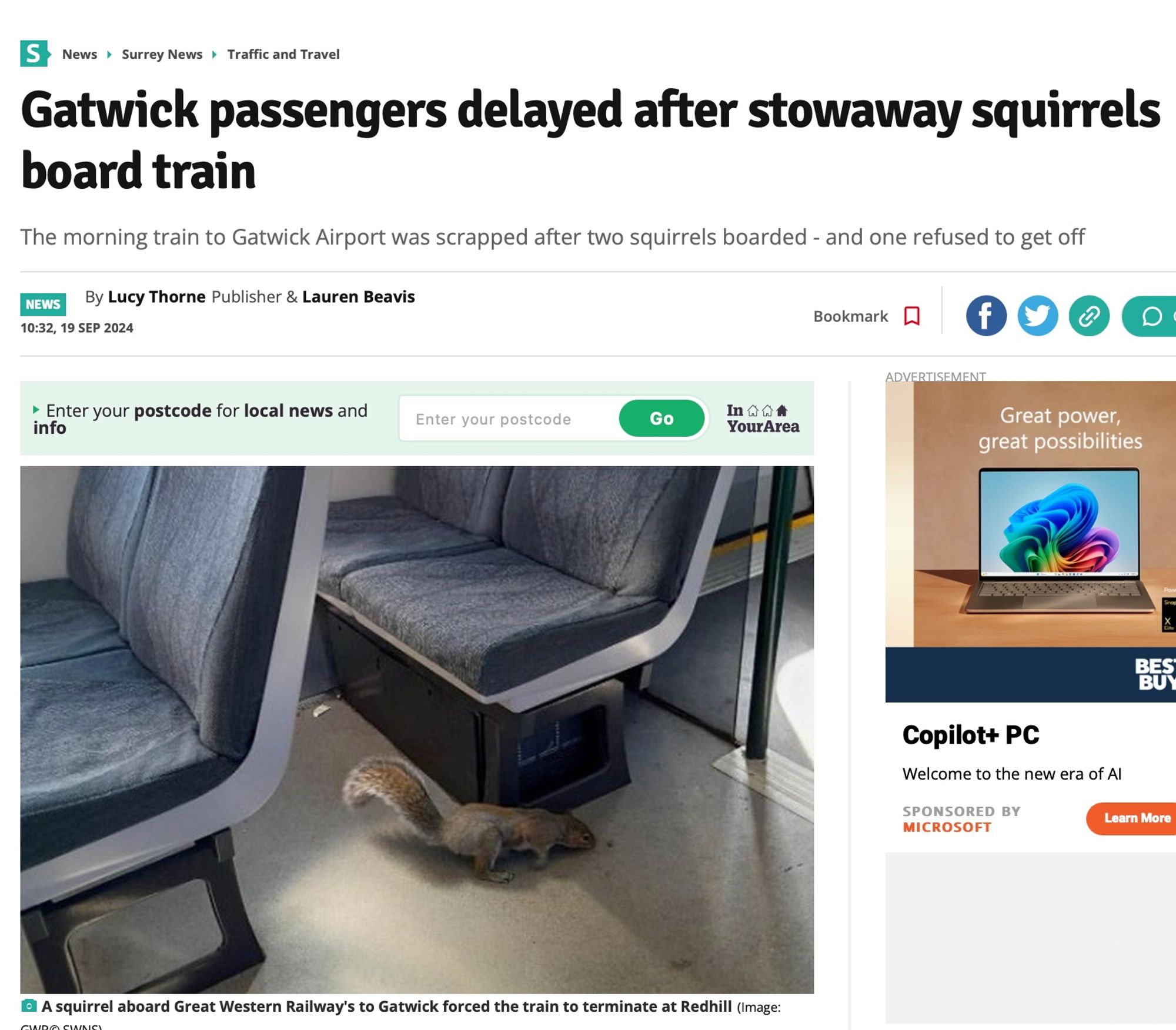 Gatwick passengers delayed after stowaway squirrels board Great Western Railway train.