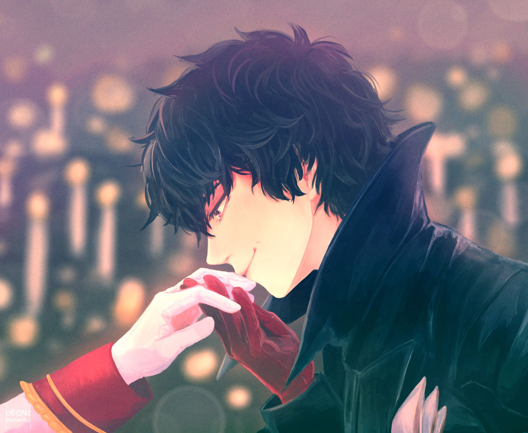 A picture of Persona 5's Joker tenderly kissing Crow's hand. Dozens of candles glow in the background. Crow is out of frame.