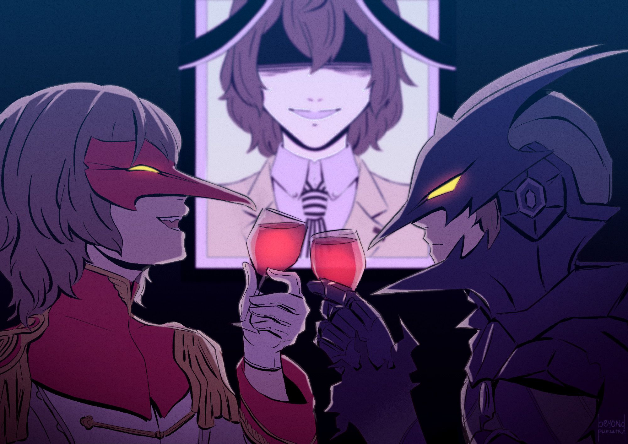 Prince Crow laughs and clinks a glass of red wine against Black Mask's. The latter's expression is unreadable. Their eyes glow yellow behind their masks. In the background hangs a picture of Goro Akechi giving a static smile, with his eyes obscured. The photo is surrounded by a black funeral frame.