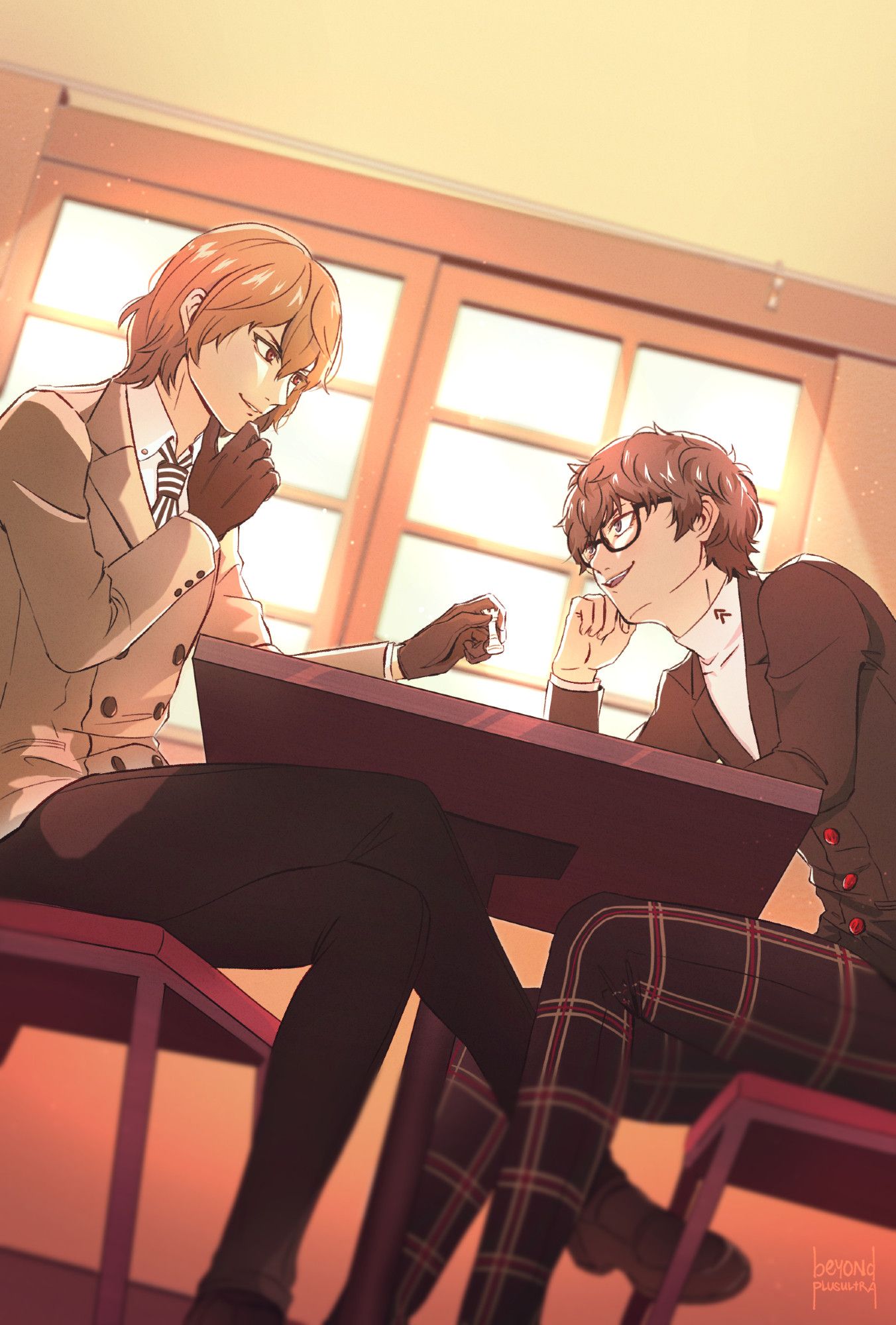 The image perspective is tilted slightly to the right. Goro and Akira are sitting at a table and playing chess in the attic. The window behind them floods the room with a soft, golden light. Goro is holding one hand to his chin in thought while the other moves a white rook. He smiles at Akira in challenge, and Akira rests his face in one hand while confidently returning the look. He seems to be making some kind of teasing remark. Below the table, Goro's legs are crossed. One of his legs rests flirtatiously between Akira's own, touching against one.