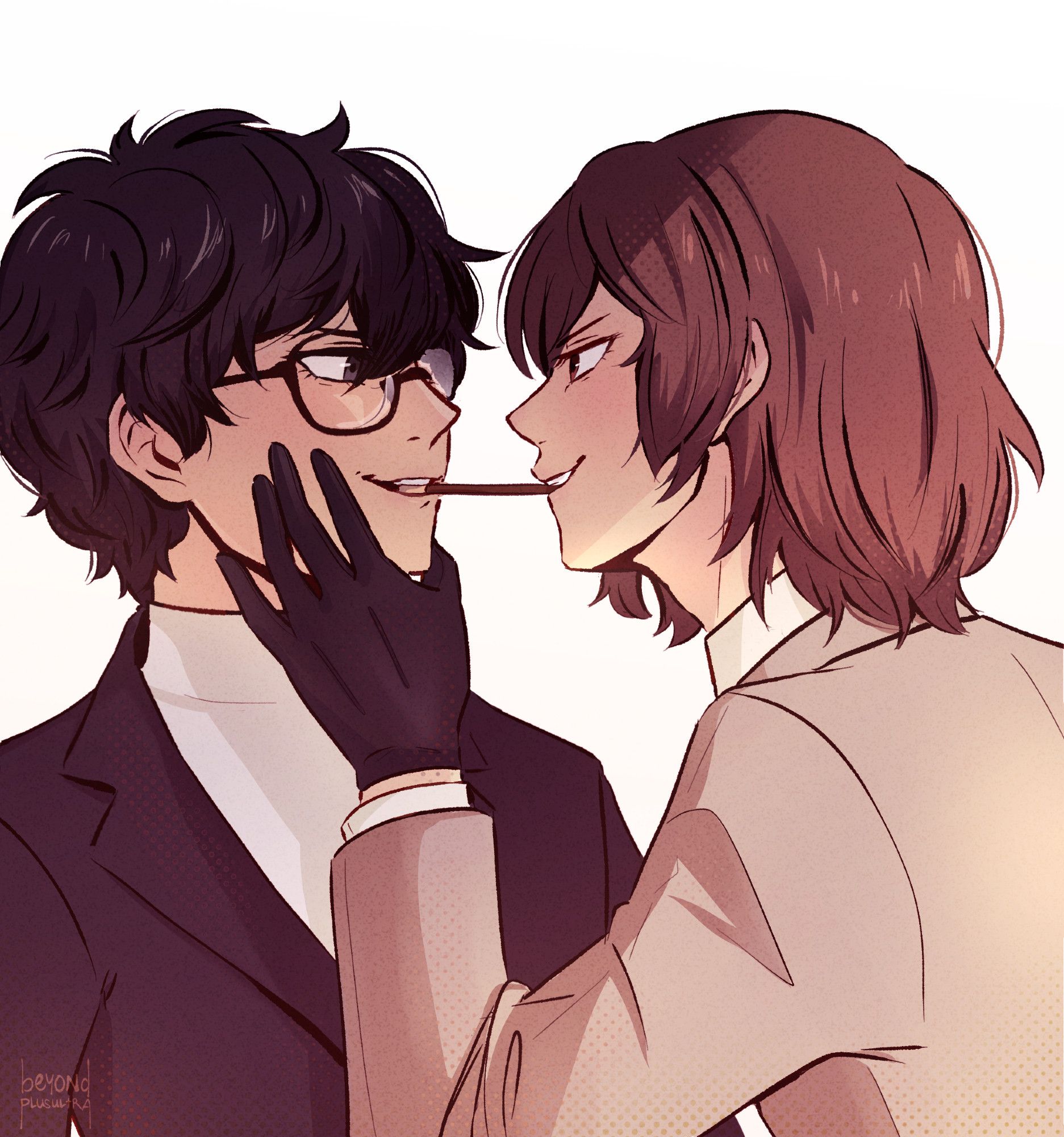 Goro and Akira playing the pocky game. Goro's hand holds Akira's face, and both of them are smirking at each other in challenge.