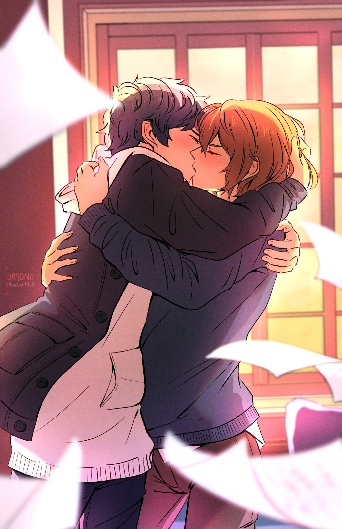 Goro and Akira hold each other tightly as they share a long overdue kiss. The room is lit by a sunset glowing through the window. Letters written by Goro to Akira are scattered in the air around them.