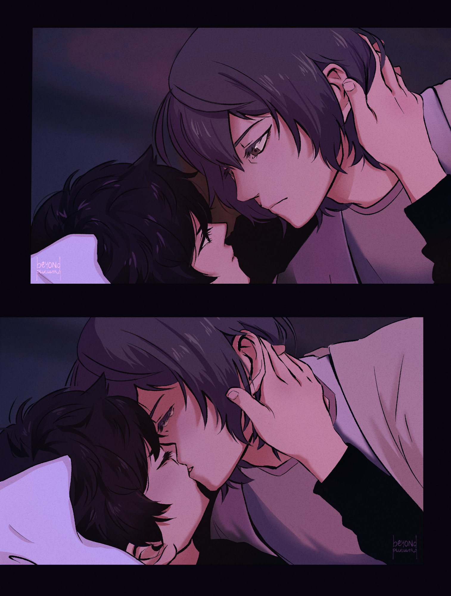 Two dimly lit close-ups of Akira laying on his back with his hands laced around the back of Goro's neck, pulling him close. In the upper image, they're having a quiet moment looking at each other. Goro has a glassy look in his eyes. In the lower image, Akira has pulled him into a kiss. Goro has closed his eyes, and his tears threaten to fall.