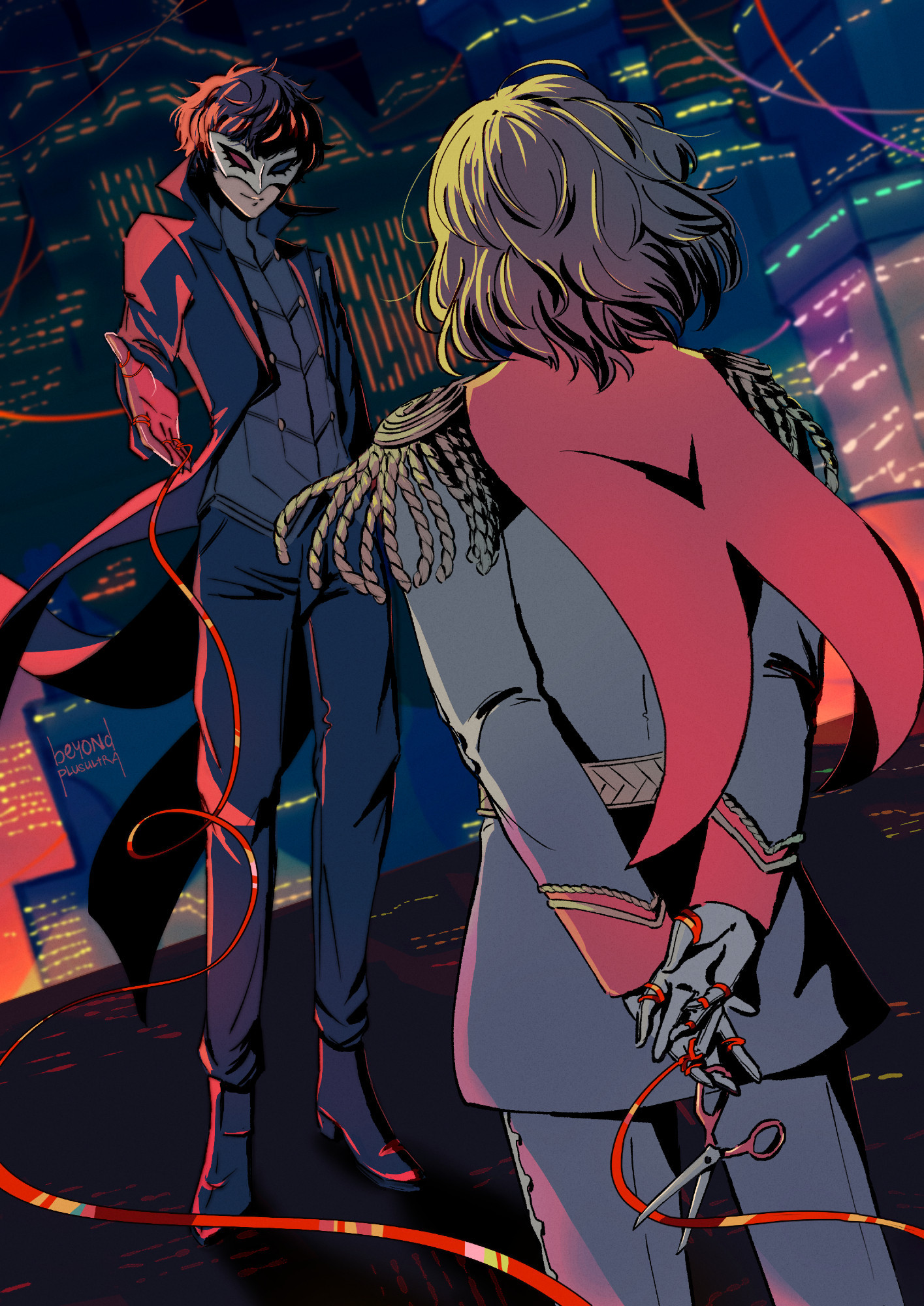 Crow and Joker stand in a cityscape, facing each other in their phantom thief outfits. They have the red string of fate tied between them. Joker reaches out to Crow, who is turned away from the viewer with both hands behind his back. He's loosely holding a pair of scissors out of Joker's sight.