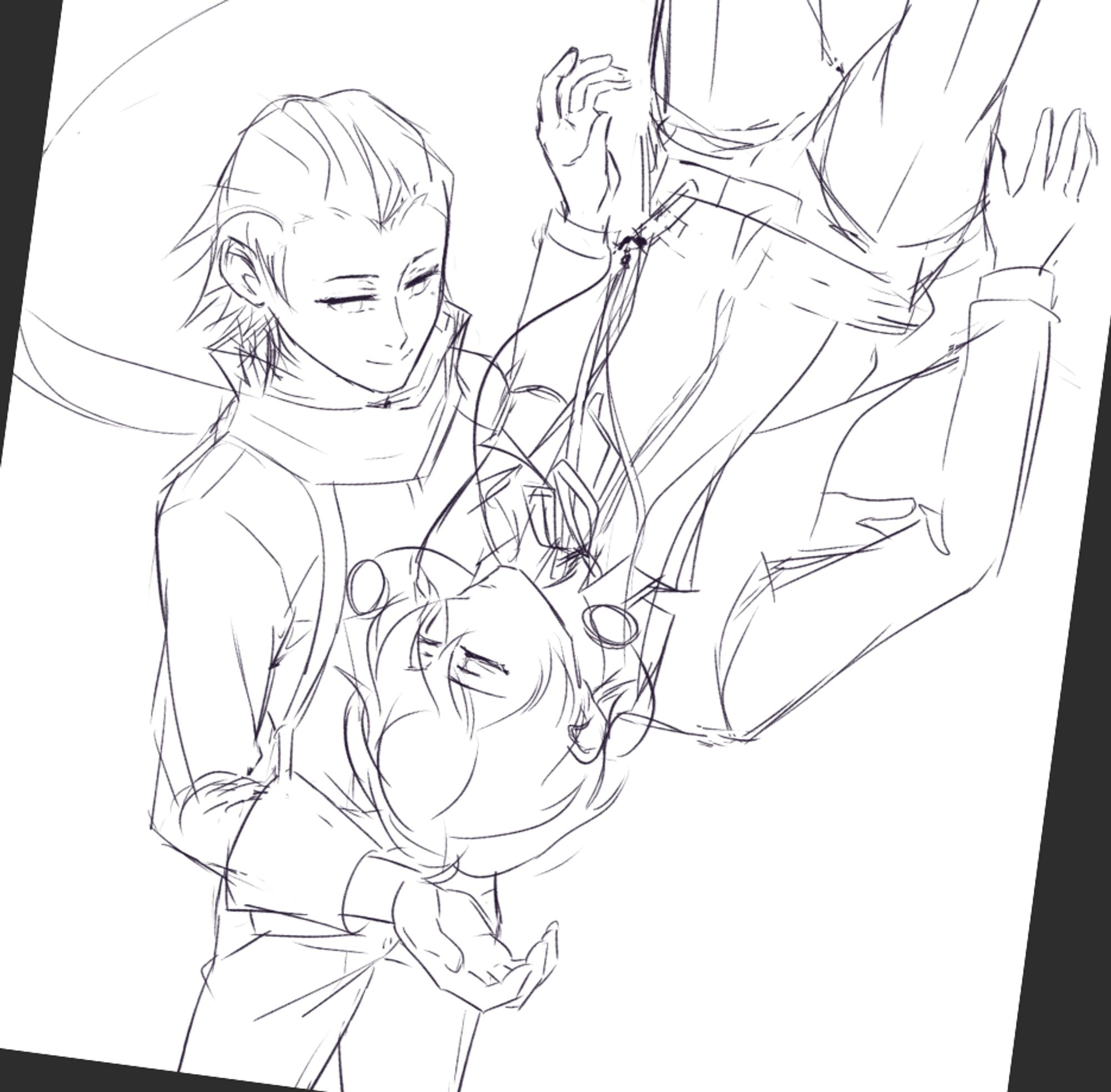 A rough, uncolored sketch of Ryoji catching an unconscious Minato as the latter falls down through water. Ryoji has a soft smile on his face.