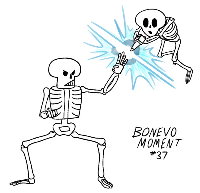 The foreground skeleton from the first image has gone into a ken parry pose from street fighter 3. There is a bright flash as the skeleton has parried the oncoming scapula attack. Text reads "BonEvo Moment #37"