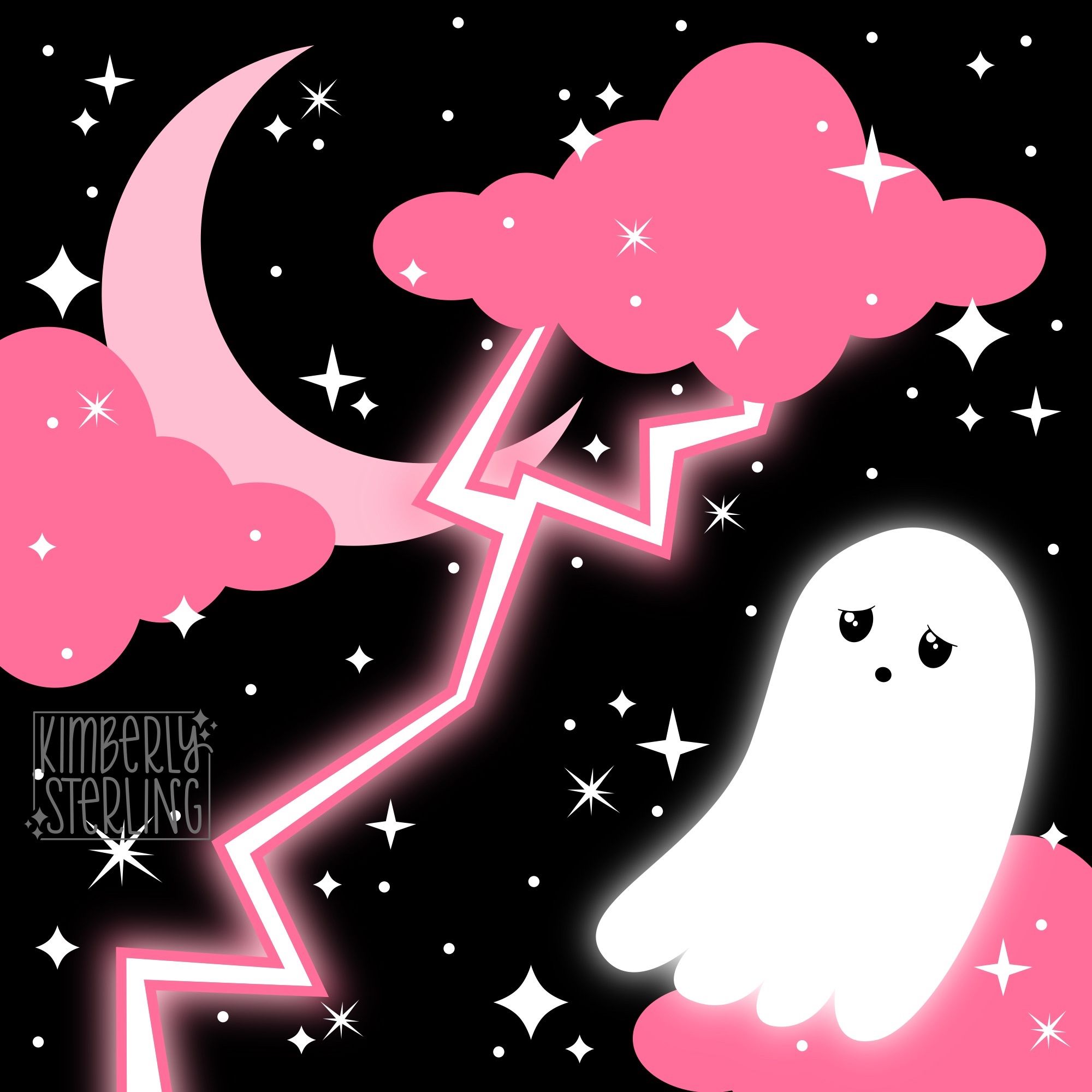 A digital drawing of a white ghost under a pink thundercloud. Pink clouds, a crescent moon, and lightning fill the background.