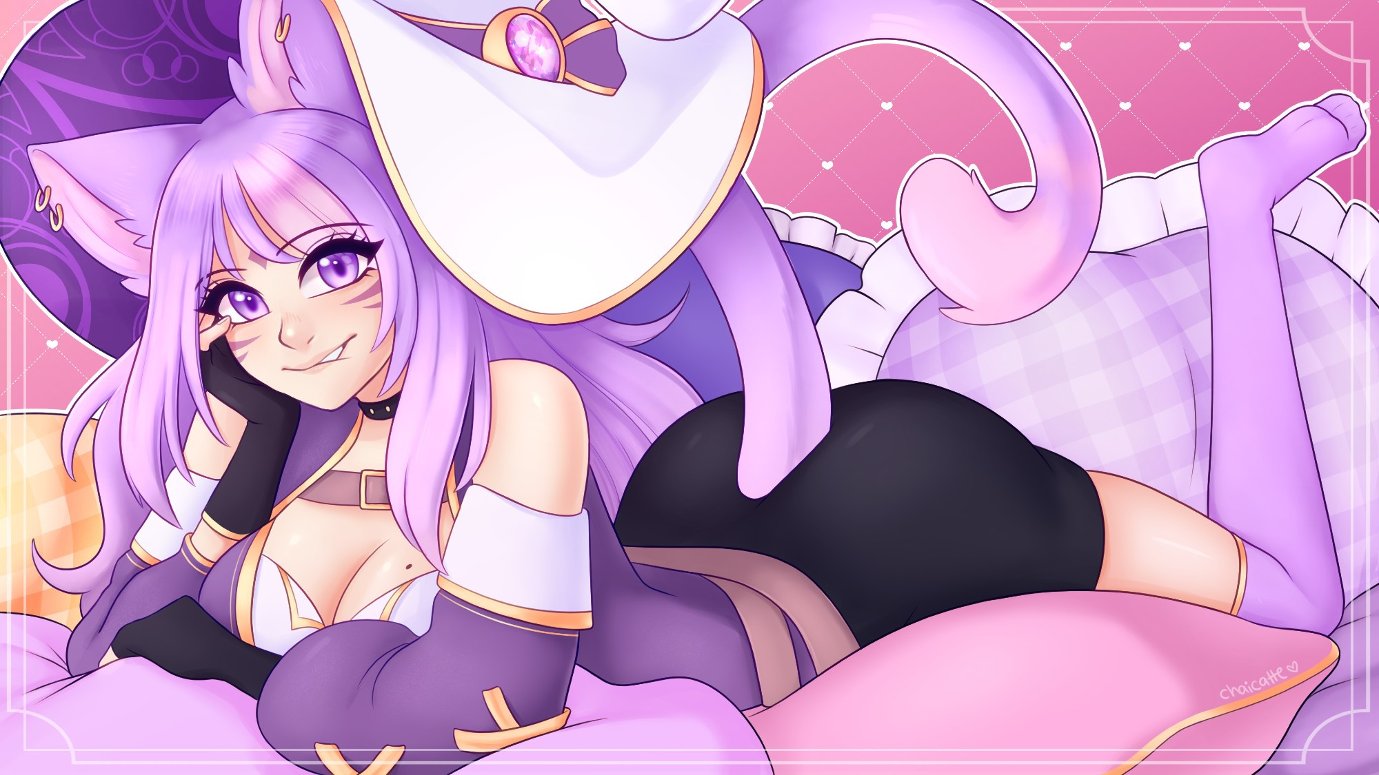 Chai, a catgirl witch with lavender hair, laying in a pile of pastel colored pillows