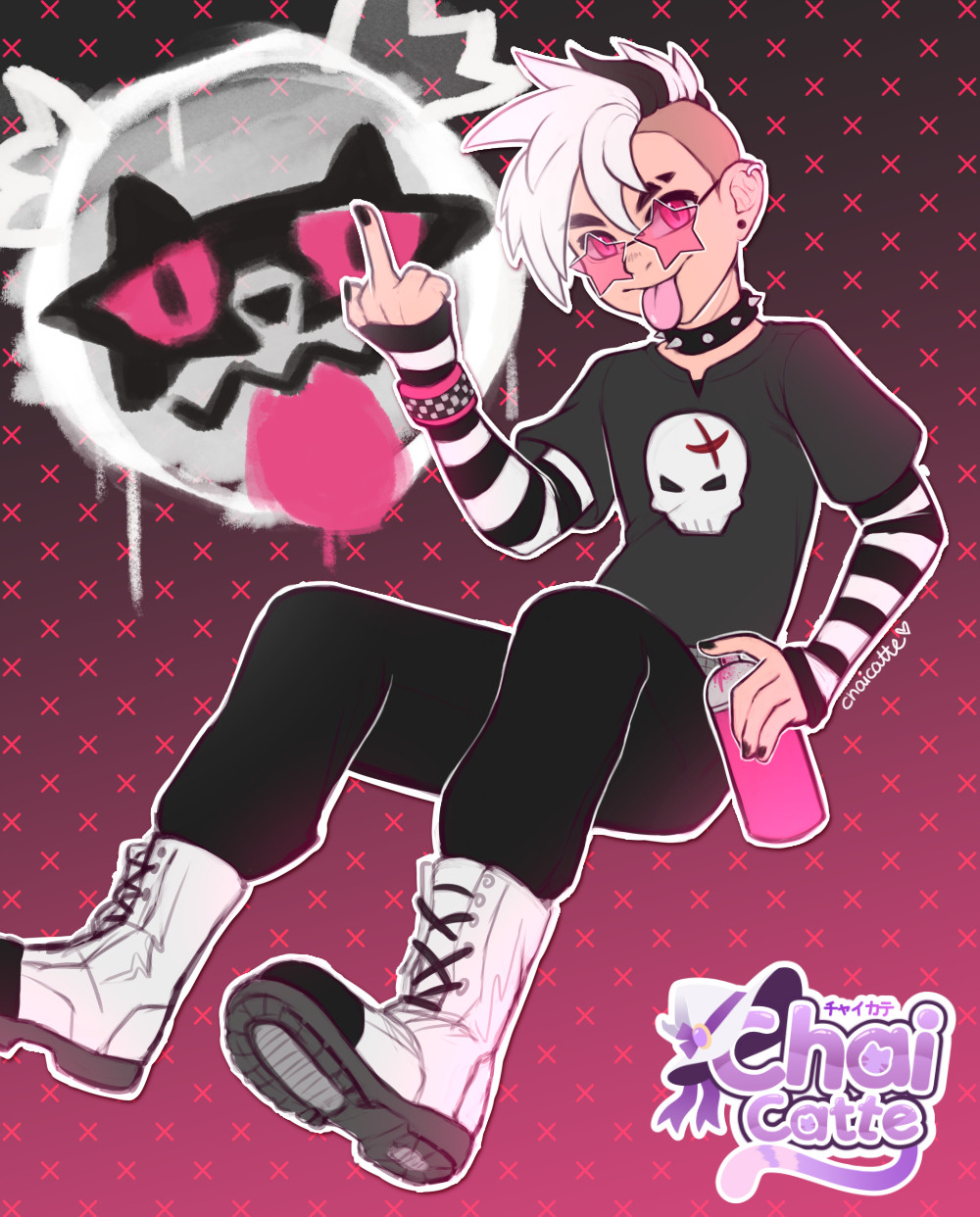 A humanoid Galarian Zigzagoon! A punk teen with black and white striped hair and holding a can of magenta spray paint. There is a graffiti face of Galarian Zigzagoon behind him 