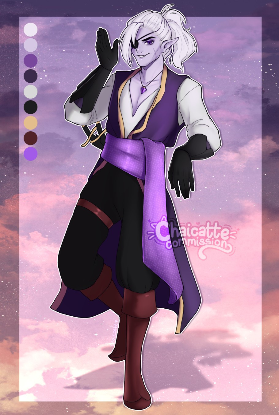 Character Design commission. A drow with light purple skin, white hair, dressed in gold-trimmed purple robes, a purple sash, black pants, and a white shirt. He also as an eyepatch covering his right eye.