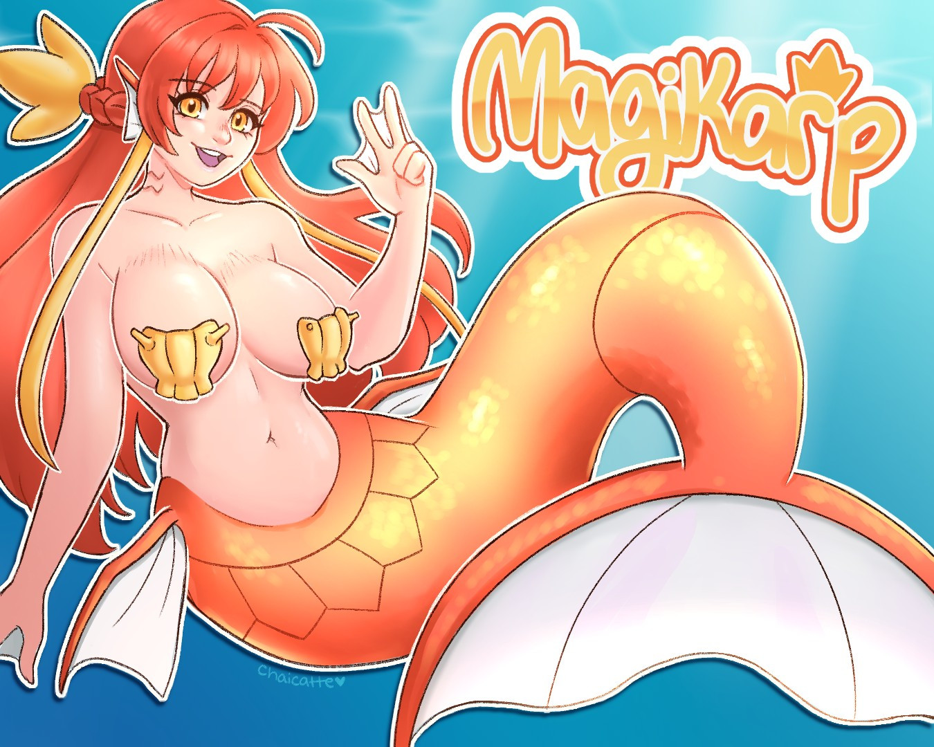 A mermaid that is based off Magikarp. She was red hair and a glittering orange tail, and she has Shiny Shelldars for a bikini top