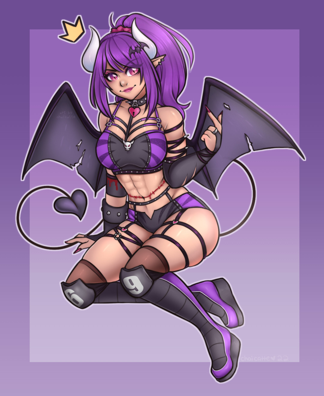 YanchaGoGo, a Manananggal Vtuber! She has bag wings, white horns, and is dressed as a professional wrestler 