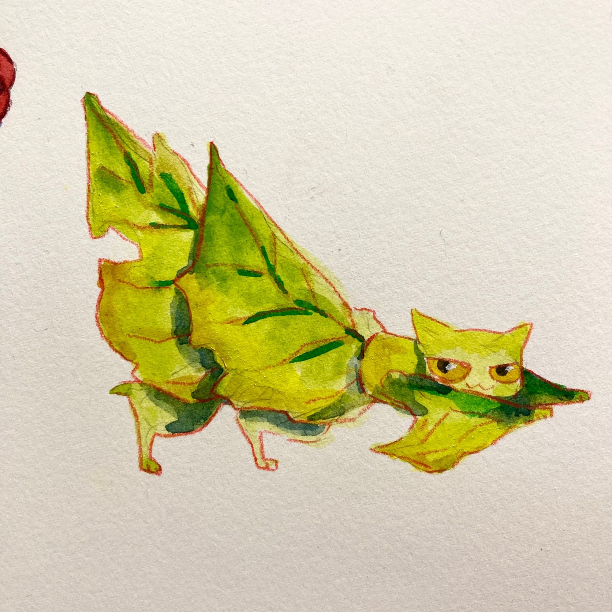 Watercolour illustration of a cat and a leaf bug hybrid creature