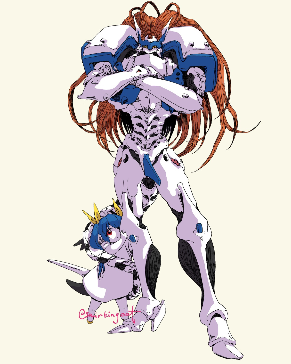 Fan art of Justice and Dizzy from Guilty Gear. Justice is looming over baby Dizzy with their tail wrapped around as to protect Dizzy.