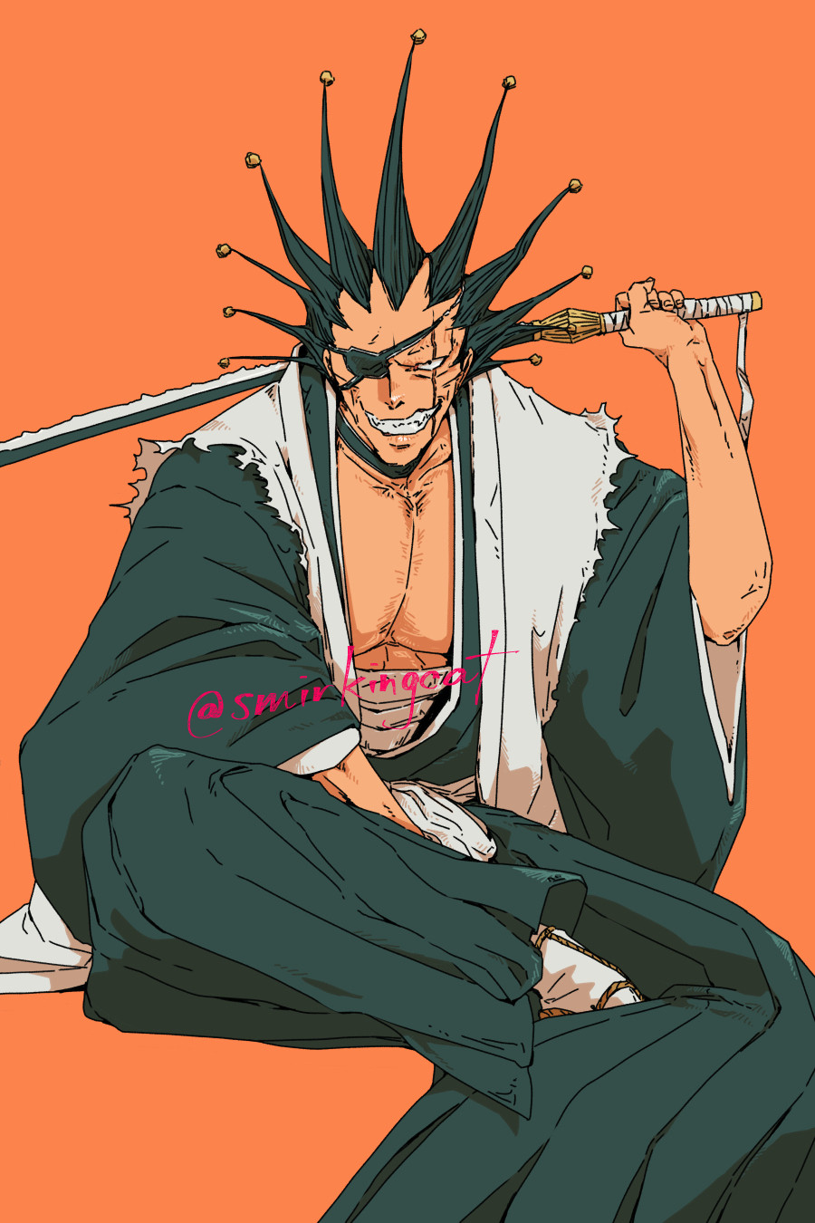 Fan art of Kenpachi from Bleach. He is sitting with his katana resting on his back.