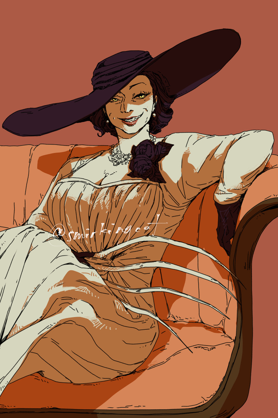 Fan art of Lady Dimistrescu from Resident Evil sitting casually with her claws out.