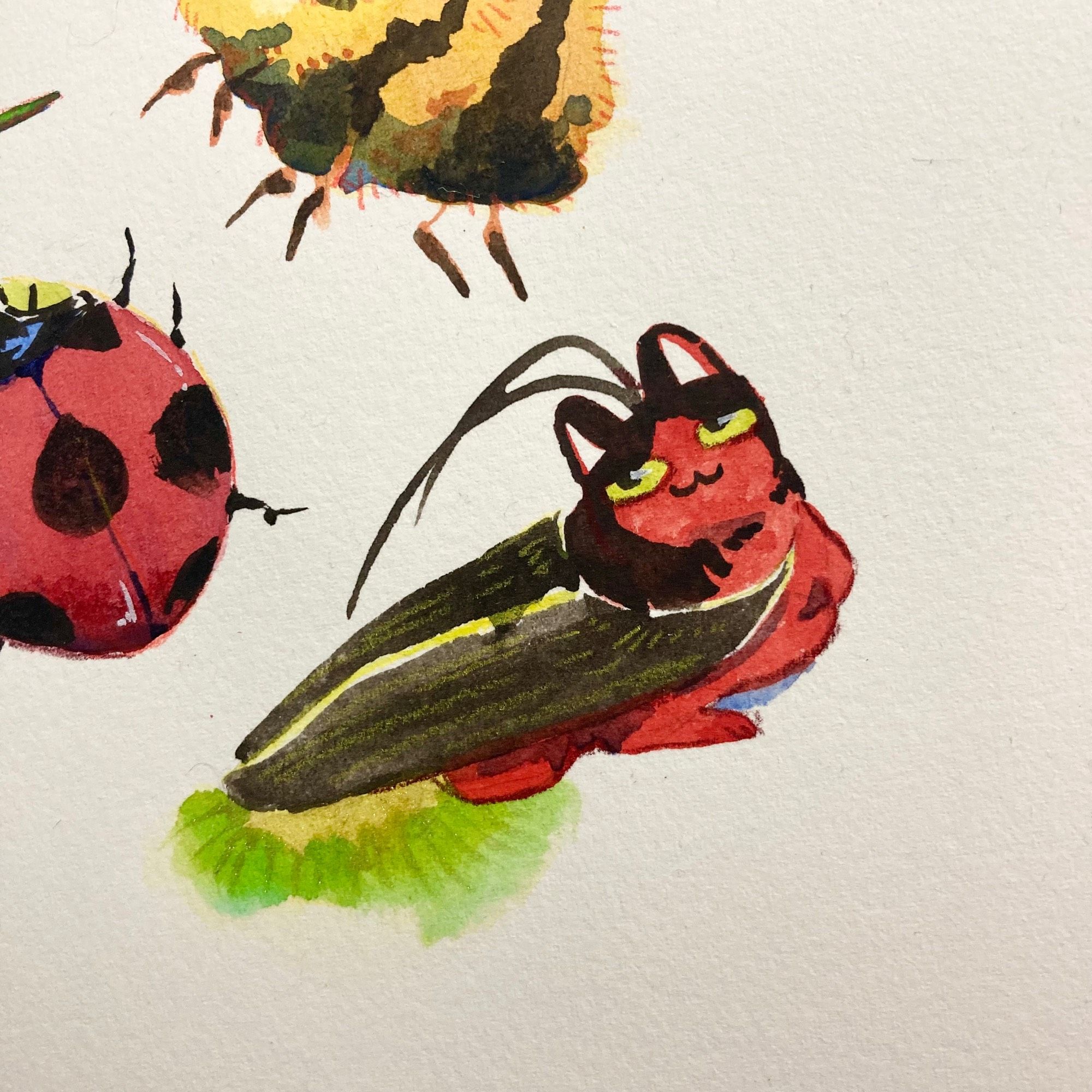 Watercolour illustration of a firefly like cat with a glowing butt