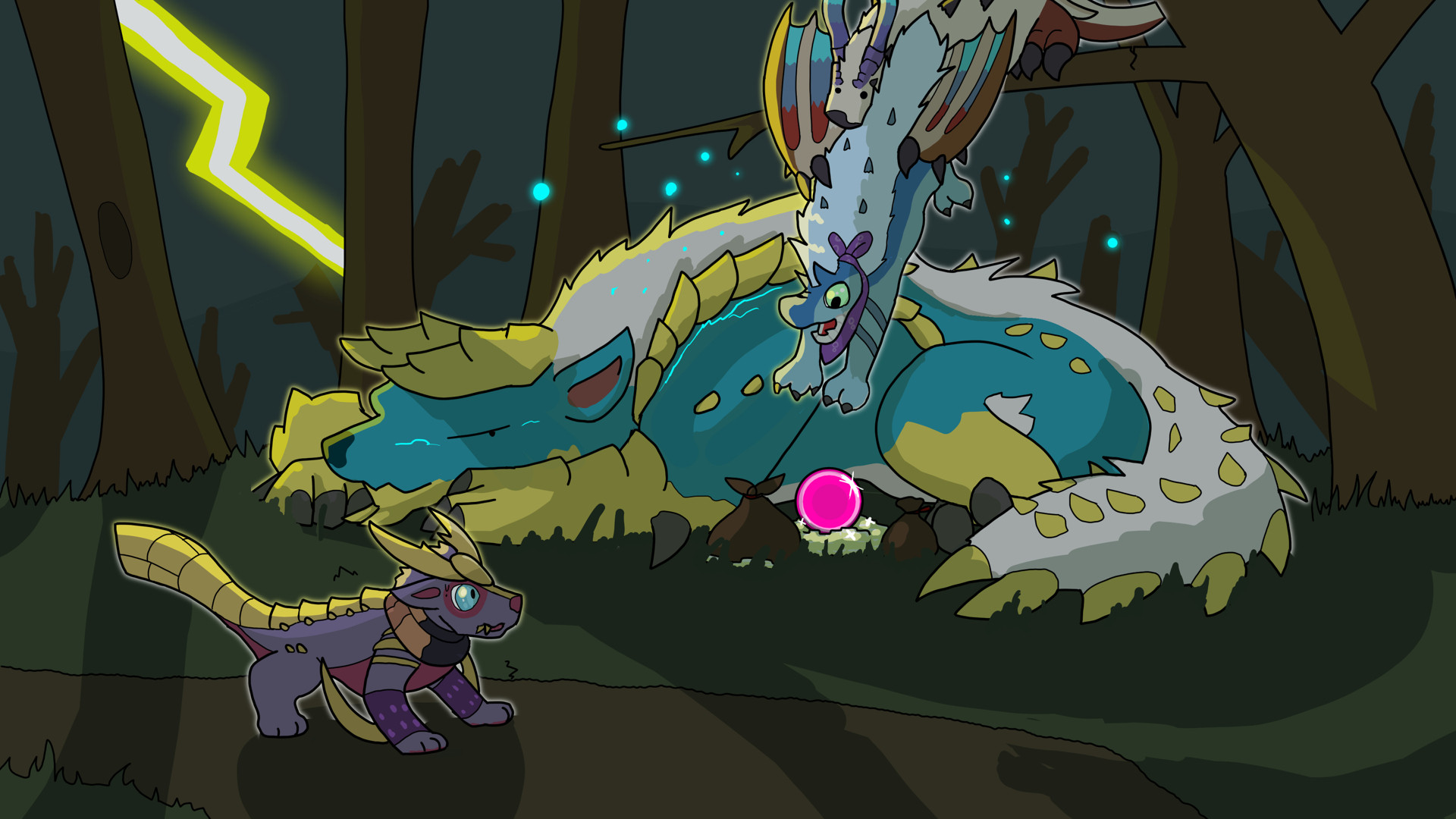 Still in Thundertorn Forest, Magnar the Magnamalo watches on as Tobo the Tobi-Kadachi and their new friend Toridcless hang from a tree beside a huge Zinogre. The Toridcless holds Tobo's tail and lowers them slowly down to grab a shiny crystal orb known as a Mystery Charm. It's surrounded by other treasures and coins. A huge Zinogre lays beside the treasure, pretending to sleep while it glares at the team's attempt at stealth. Thunder strikes- don't slip!