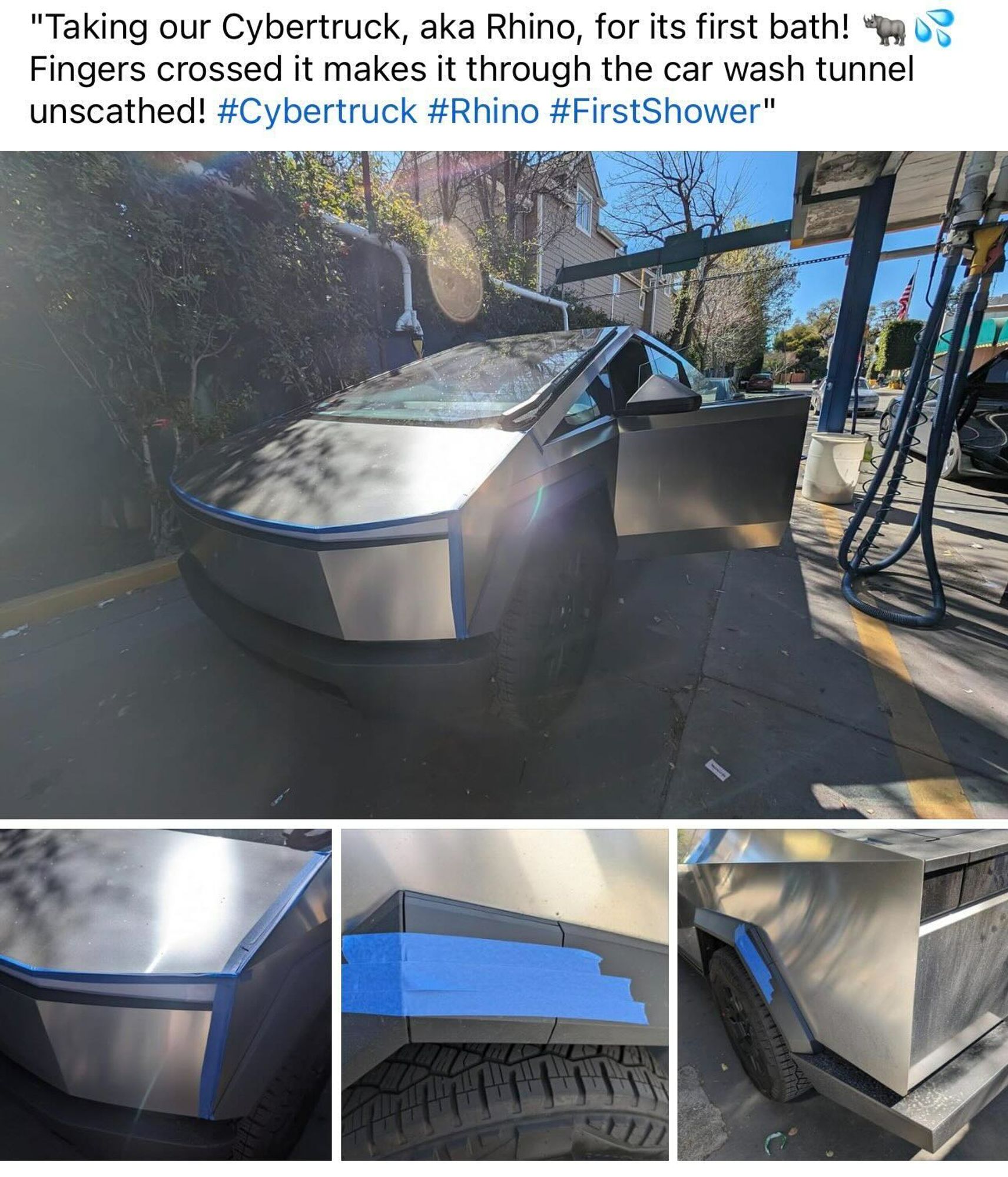 Social media post showing a Cybertruck whose trim and panel gaps have been taped with blue painter's masking tape. The caption reads "Taking our Cybertruck, aka Rhino, for its first bath! [rhino emoji, water emoji] Fingers crossed it makes it through the car wash tunnel unscathed! #Cybertruck #Rhino #FirstShower"