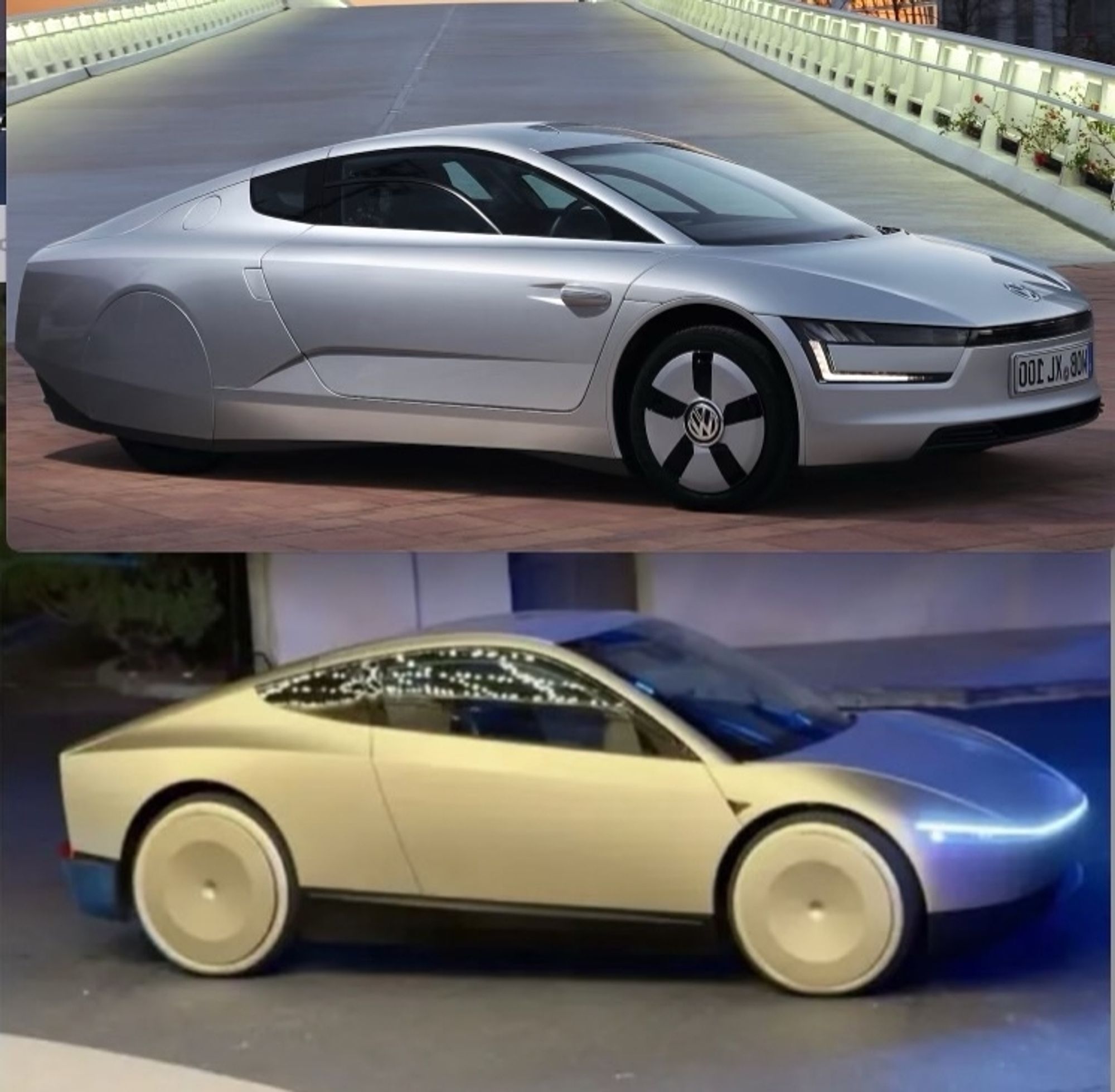 The Volkswagen XL1 and the Tesla Cybercab, both shown from the side. The latter is clearly aping the former, but looks wildly amateurish in comparison. Most notable are the odd proportions and lack of actual design elements, in particular the overly-large hubcap-equipped wheels.