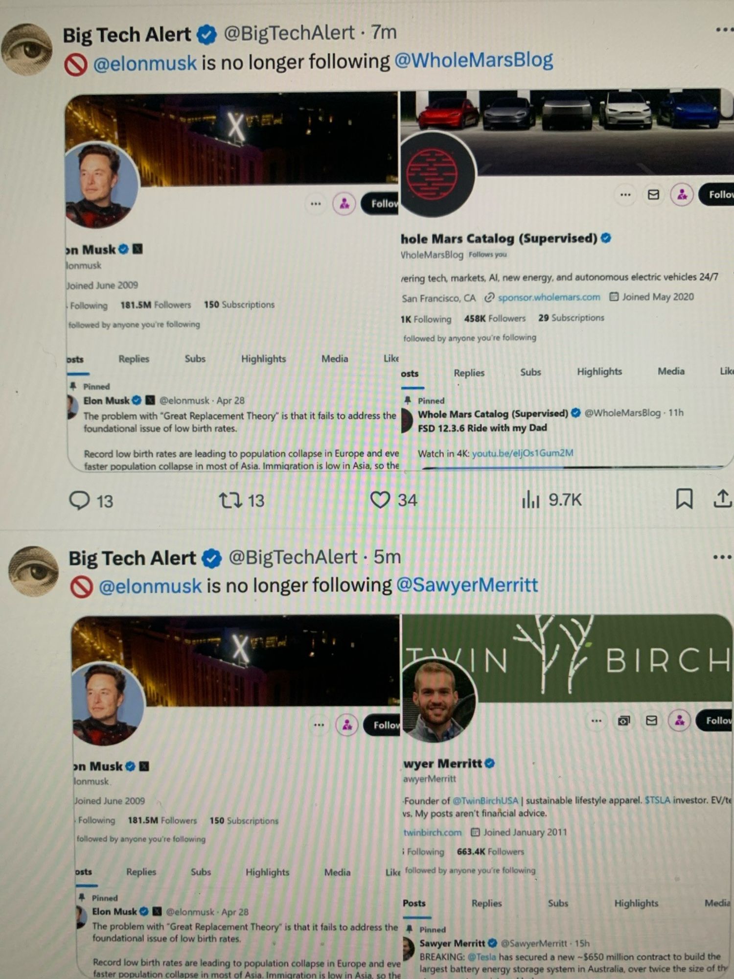 Twitter screenshots of posts by the Big Tech Alert account, announcing that Elon Musk has unfollowed WholeMarsBlog and SawyerMerritt, his two lead stock pumper fanboy accounts