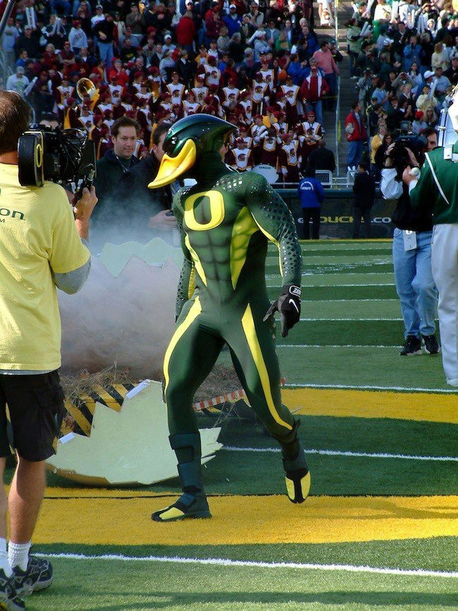 The University of Oregon "Roboduck" mascot of the early 2000s: a weird, humanoid in a tight-fitting onesie with fake muscles and a truly horrifying duck-like head. This mascot lasted maybe a season, during the early awkward transition from old-fashioned UO football aesthetics to the more contemporary Nike looks