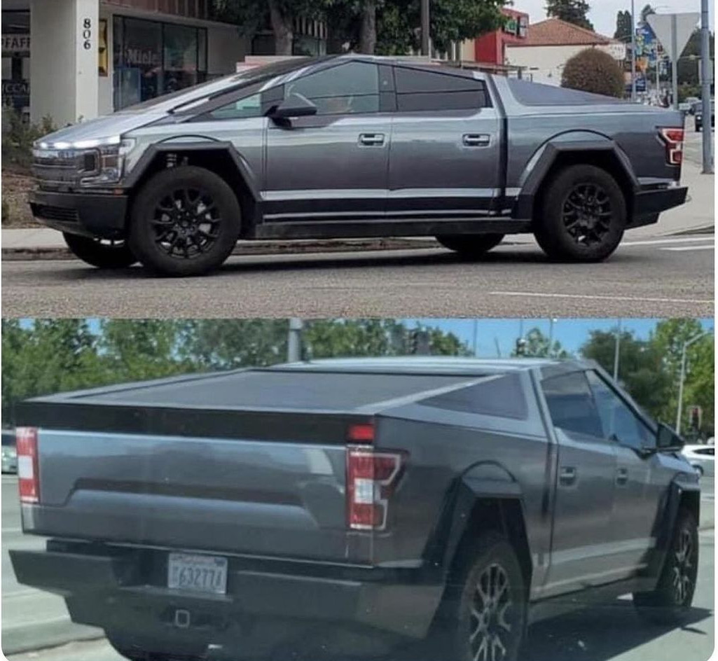 Two angles of a Cybertruck that has been wrapped to resemble a Ford F-150, creating a truly brain-mangling visual experience.