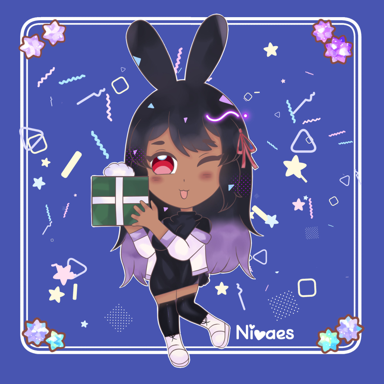 Bunny girl with black and purple hair holding a green present box and winking